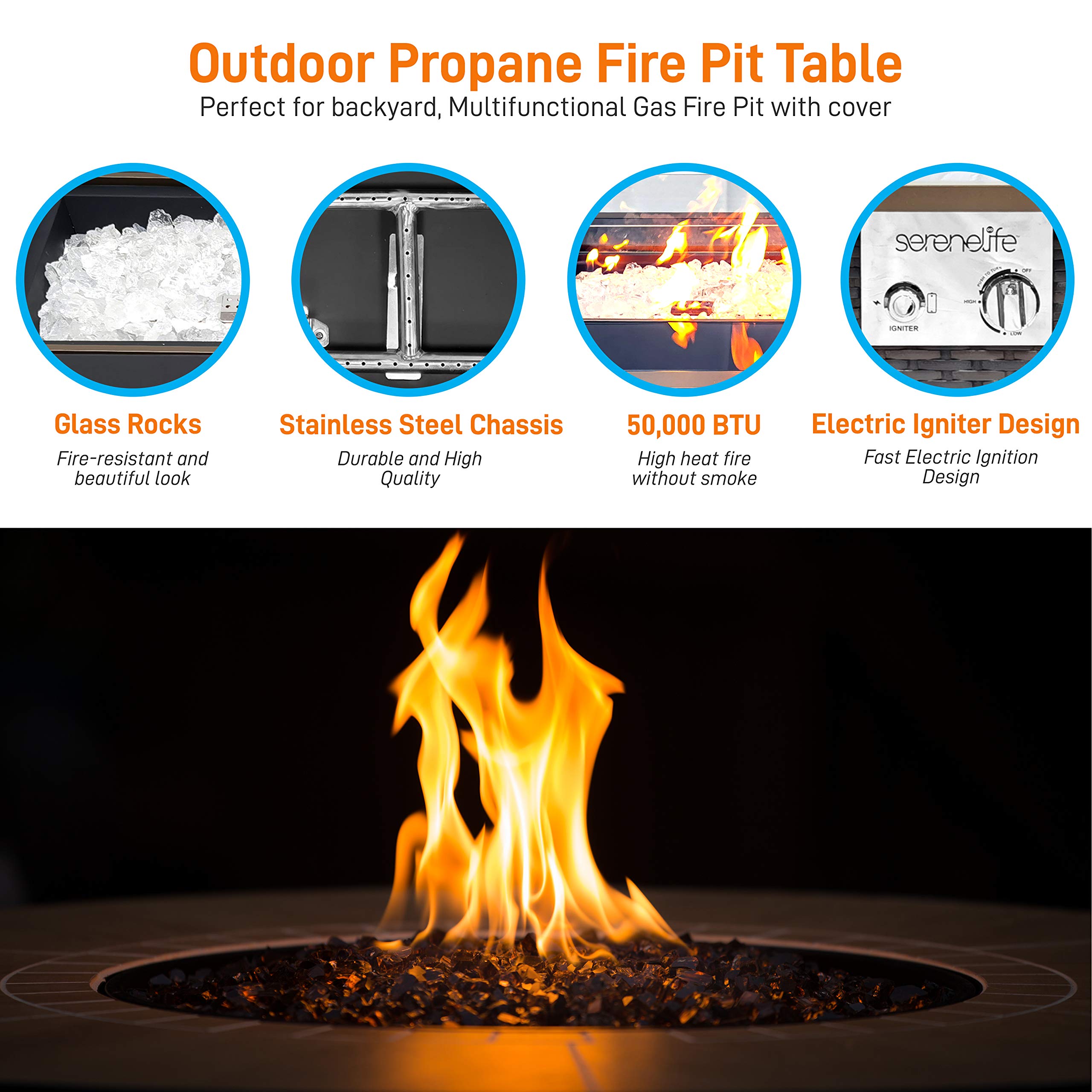 SereneLife 50,000 BTU Outdoor Propane Fire Pit Table with Auto-Ignition - Elegant Gas Fire Table with Rattan Panel, Black Tempered Glass Top & Wind Guard - Perfect for Patio, Backyard, Deck & Garden Gatherings - CSA Approved