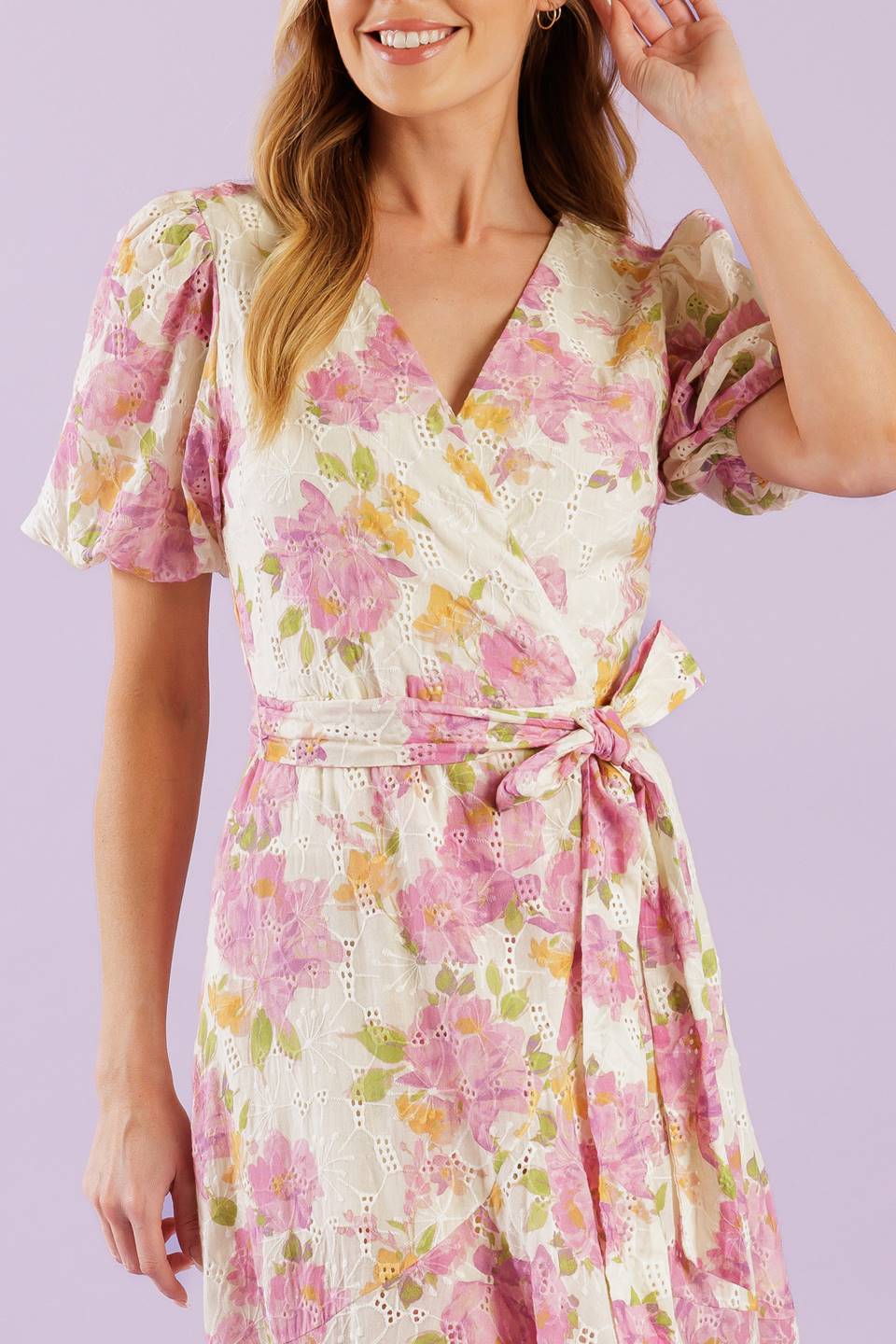 Pink Floral High Low Lace Wrap Midi Dress for Women - Elegant Coffee Run Outfit for Brunch, Date Night & Summer Parties
