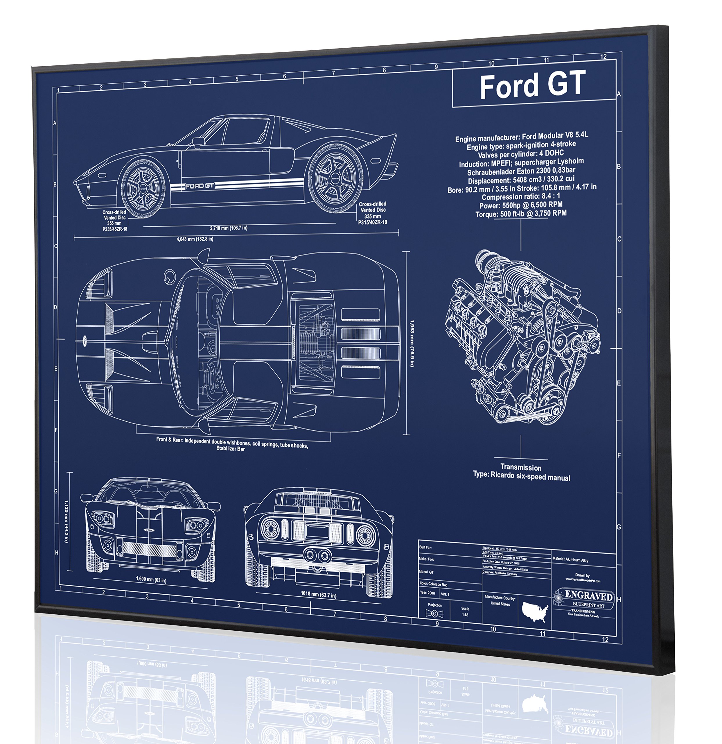 Ford GT Blueprint Artwork - Laser Engraved & Personalized - Unique Car Enthusiast Gift for Home or Office Decor