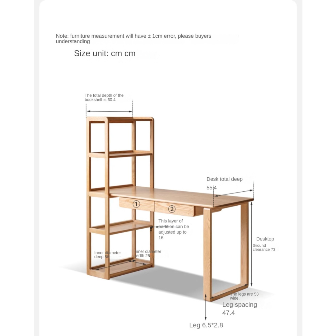 Solid Oak Wood Office Desk with Single Leg & Built-in Bookshelf - Modern Home Office Furniture for Work and Study