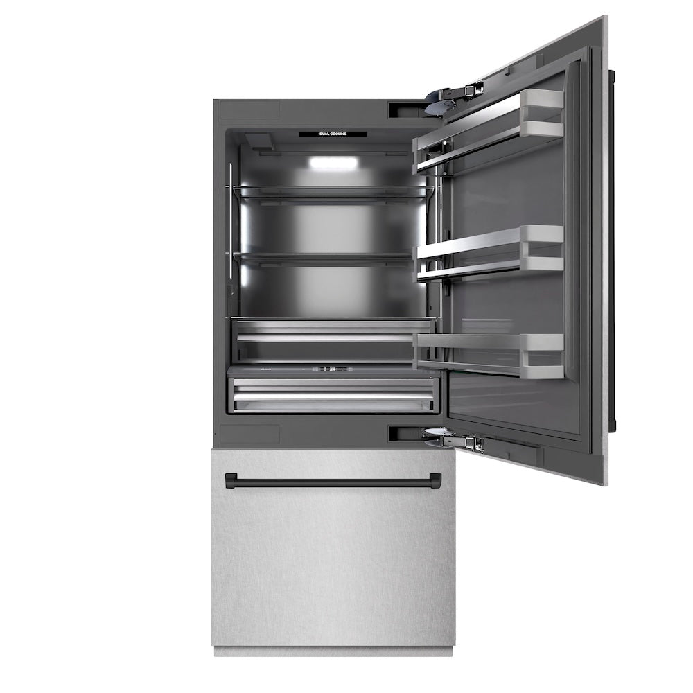 ZLINE Autograph Edition 36 Inch Built-In Bottom Freezer Refrigerator - 19.8 cu.ft Capacity, Satin Stainless Steel with Graphite Gray Interior & Matte Black Accents - Water Dispenser & Ice Maker - Perfect for Modern Kitchens, Open Concept Homes & Luxury Appliances (GRBITZ SN 36 MB)