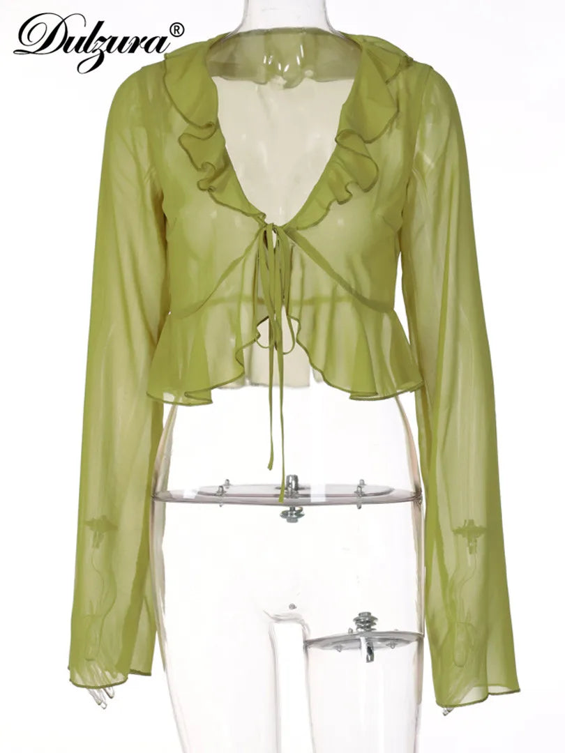 Women's Long Sleeve V-Neck Lace-Up Chiffon Blouse with Ruffle Detail - Loose Fit Casual Streetwear for Autumn Winter | Perfect for Beach Outings, Date Nights & Office Wear