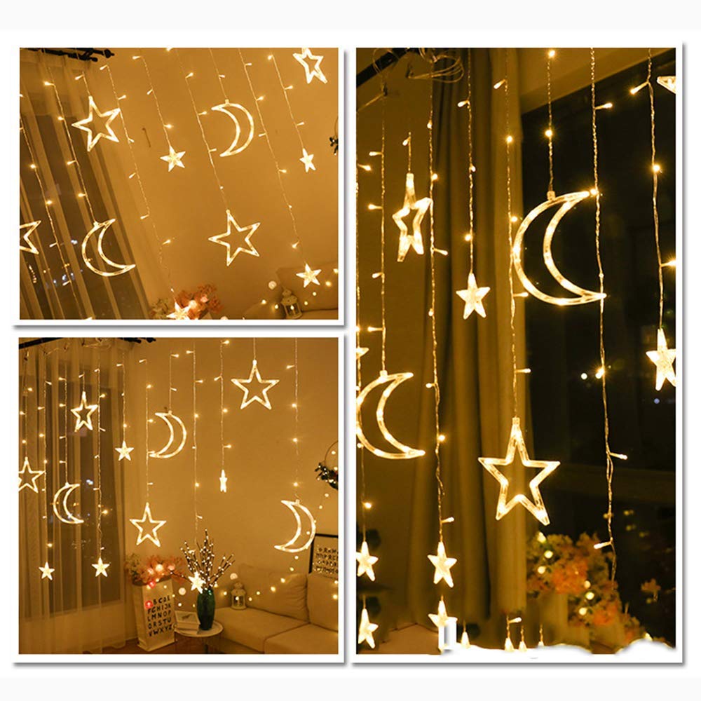 LED Fairy Lights with Moon & Star String - 8 Modes Waterproof Curtain Lights for Window, Fireplace, Garden, Patio - Perfect for Christmas, Eid Decorations & Party Lighting