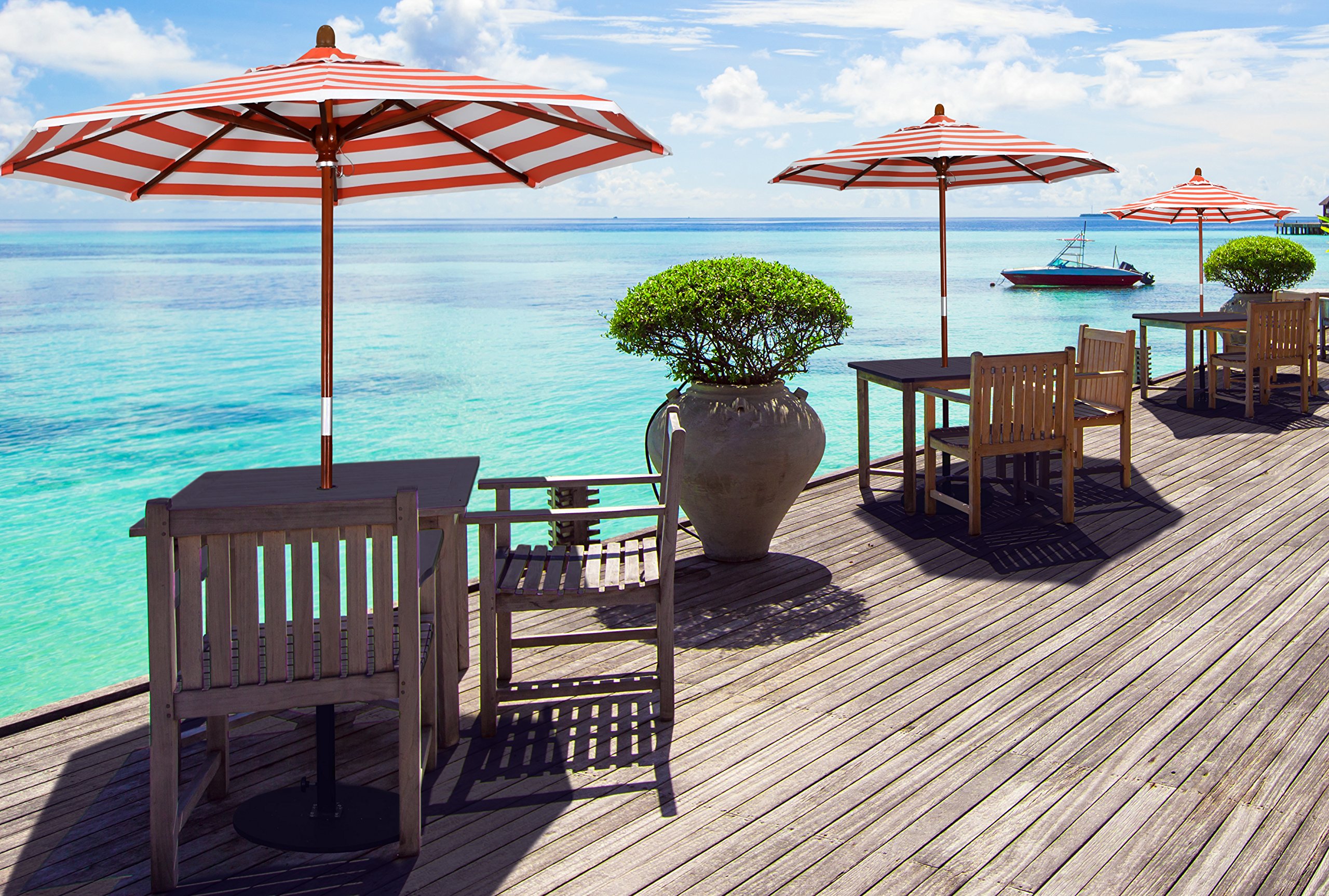 7.5' Round Hardwood Market Umbrella - Stainless Steel Push Open for Outdoor Dining & Patio
