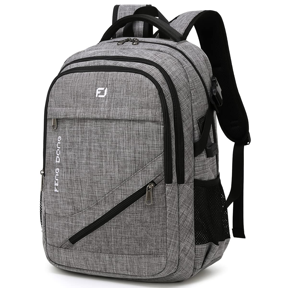 FENGDONG 17.3 Inch Large Laptop Backpack - Waterproof Durable Travel & College Bookbag for Men & Women - Business Backpack with USB Charging Port & Headphone Jack - Dark Gray - Perfect for Work, School, Commuting & Air Travel
