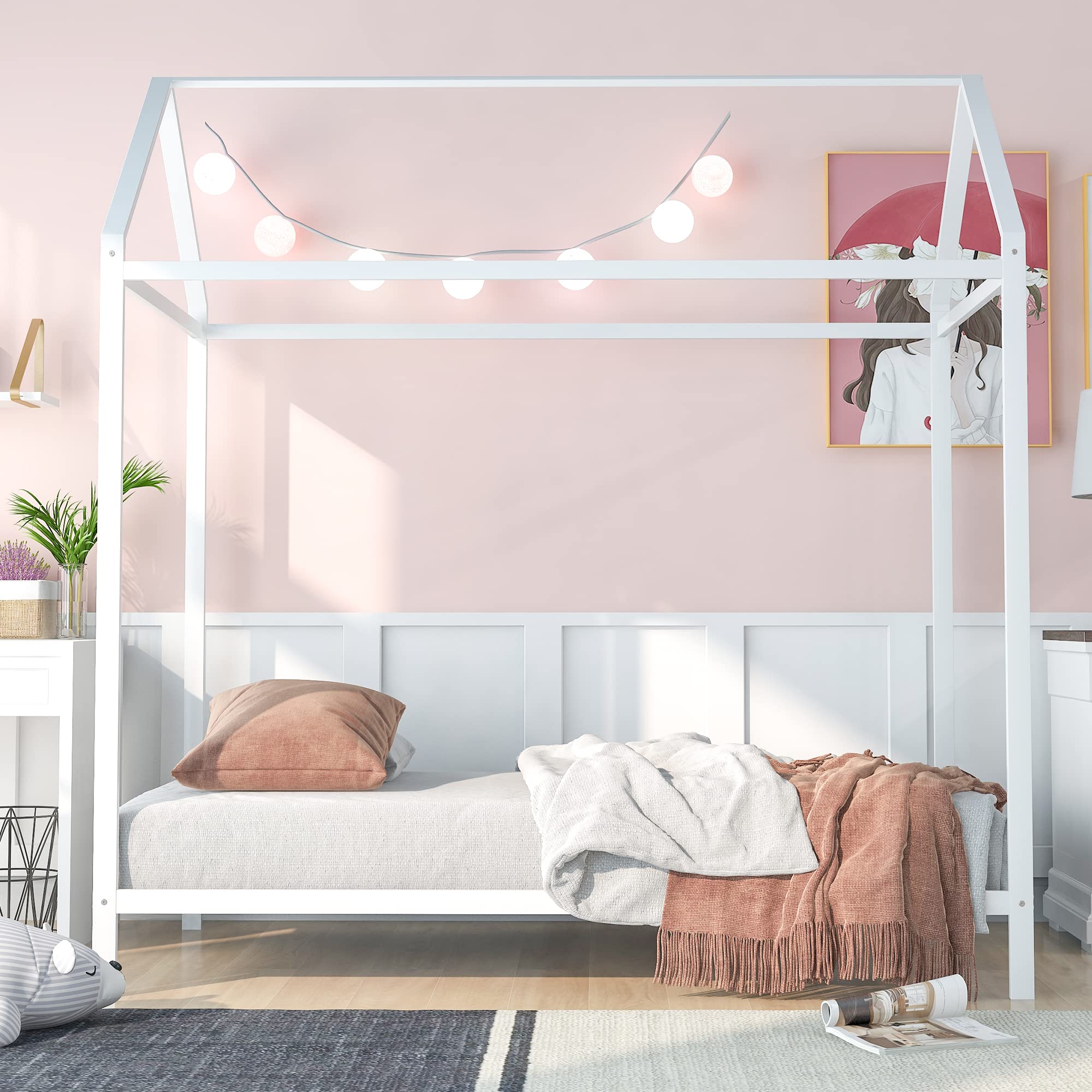 Twin Size House Bed Frame for Kids - Sturdy Metal Platform Bed with No Box Spring Needed - White - Perfect for Boys & Girls Bedrooms, Playrooms & Sleepovers