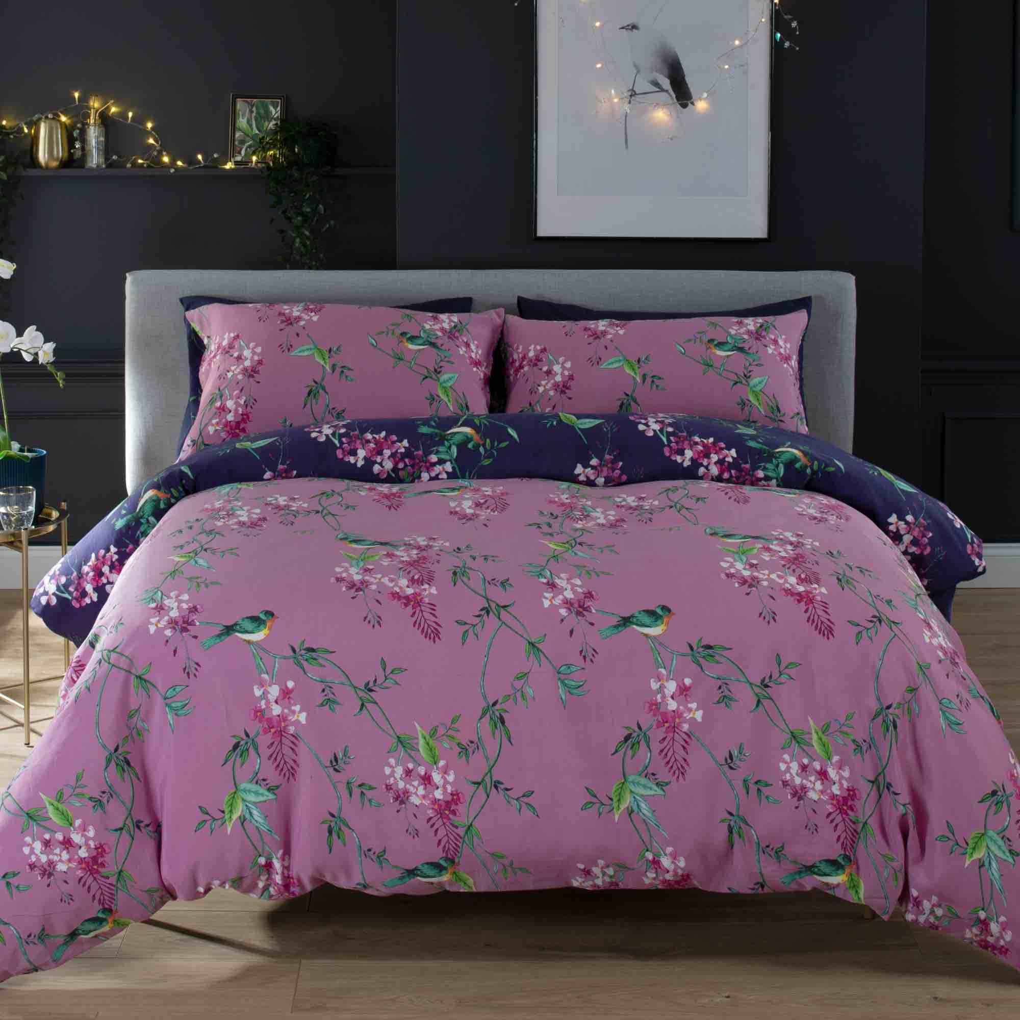 Deyongs 1846 Bird Garden Duvet Cover Set - Plum Floral Bedding, Queen/King Size, Soft Microfiber - Perfect for Bedroom Decor, Guest Room & Cozy Home Styling