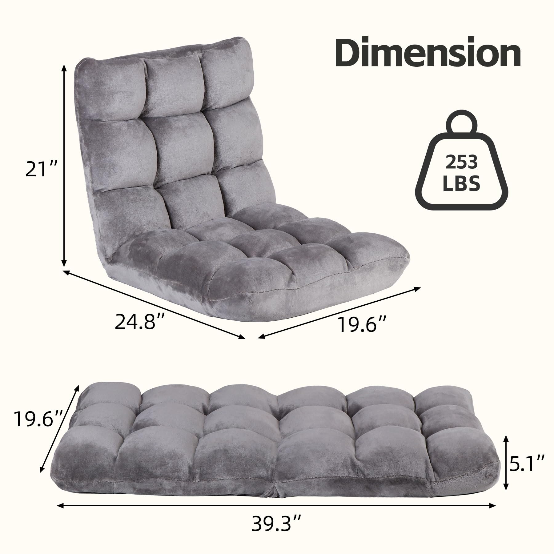 14-Position Adjustable Folding Floor Chair with Cushion - Ergonomic Gaming Sofa & Reclining Bed for Living Room - Perfect for Reading, Gaming, Watching TV, and Relaxing at Home or Dorm