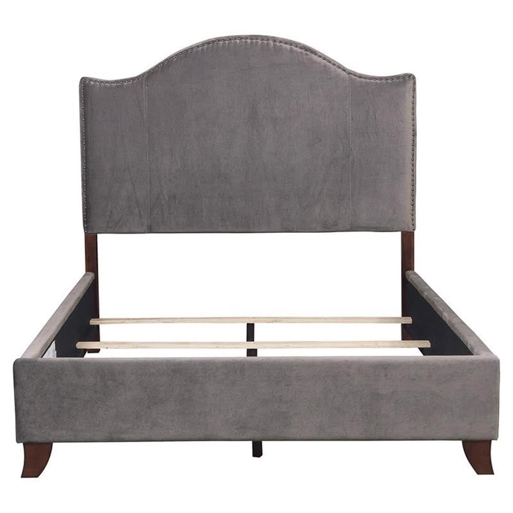 Pemberly Row Traditional Velvet Queen Upholstered Bed Frame in Gray - Luxurious Bedroom Furniture for Master Suite Decor
