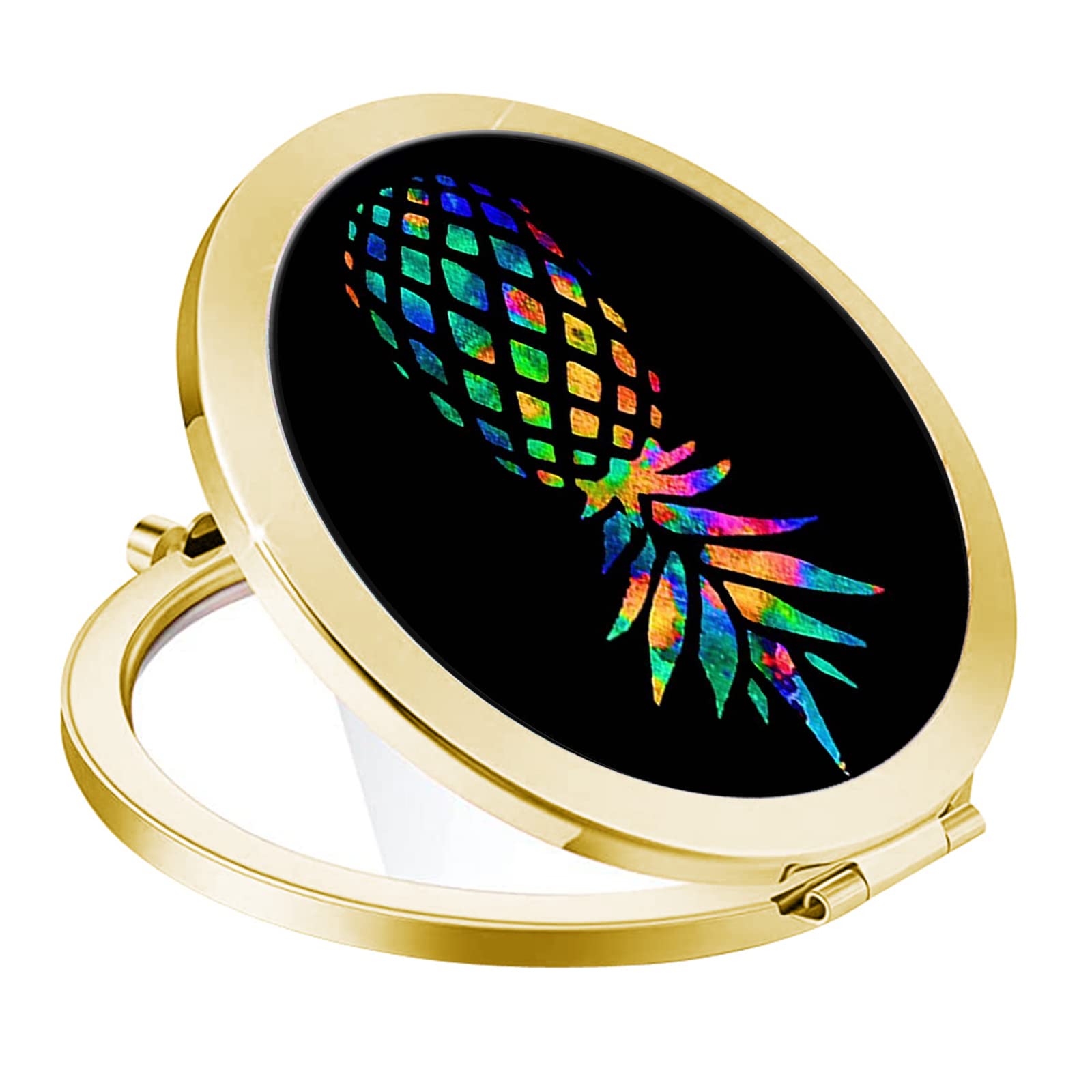 Compact Travel Makeup Mirror for Women - Round Portable Folding Double Sided Handheld Pocket Mirror, Mini Golden Black Pineapple Design - Perfect for Handbag, Purse, On-the-Go Touch Ups & Travel Essentials