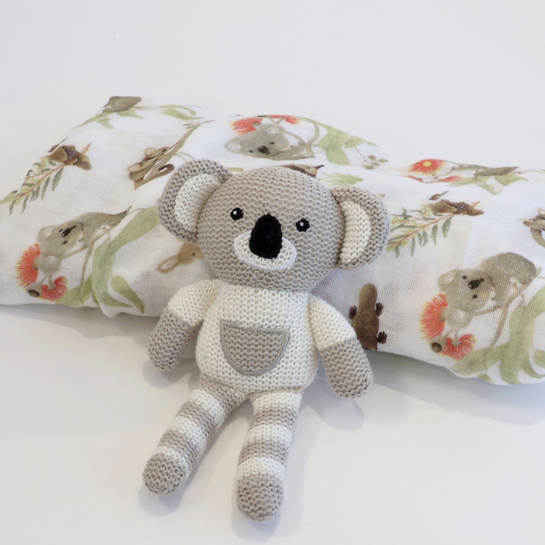 Aussie Animals Koala Muslin Swaddle Blanket & Knit Rattle Toy Gift Set for Newborns - Soft Baby Wrap & Crib Nursery Essentials for Shower, Photography & Travel