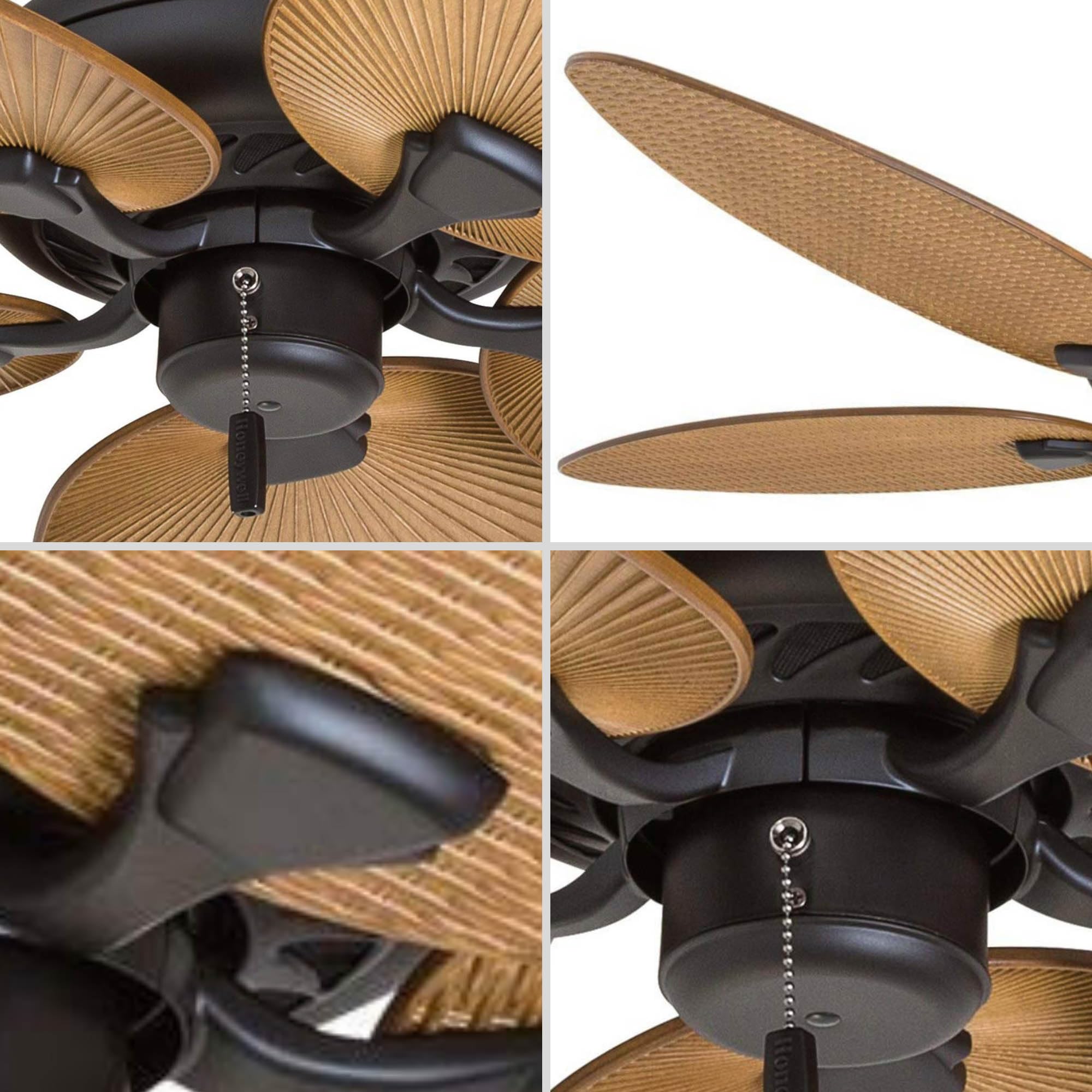 Honeywell 52 Inch Tropical Ceiling Fan for Indoor & Outdoor Use - No Light, Pull Chain, 3 Mounting Options, 5 Palm Leaf Blades, Damp-Rated (Model 50505-01, Bronze) - Perfect for Patio, Porch, Living Room & Bedroom Cooling