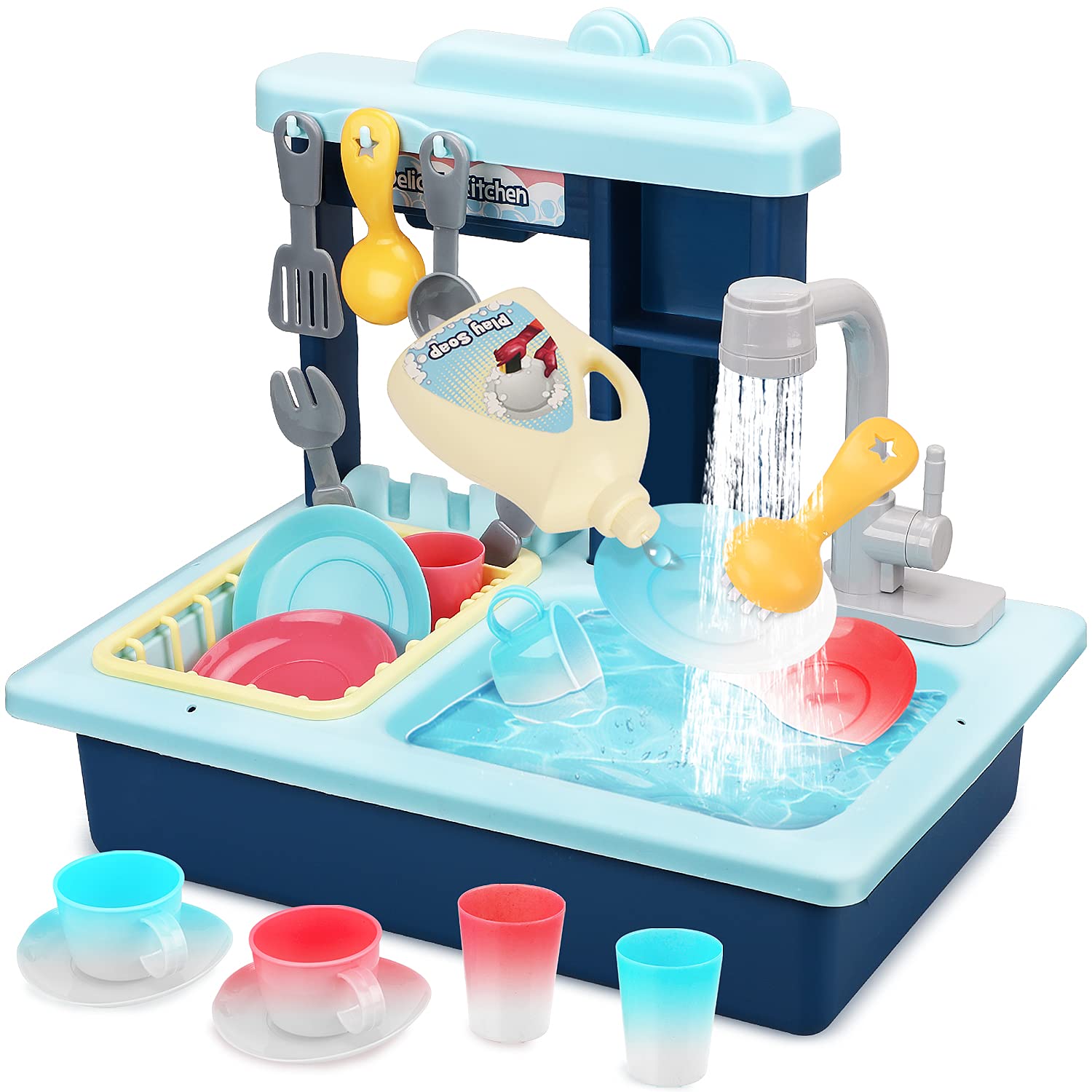 Color-Changing Toddler Play Sink Toy with Running Water - Pretend Kitchen Toy for Kids (Blue) - Bath & Pretend Play Fun