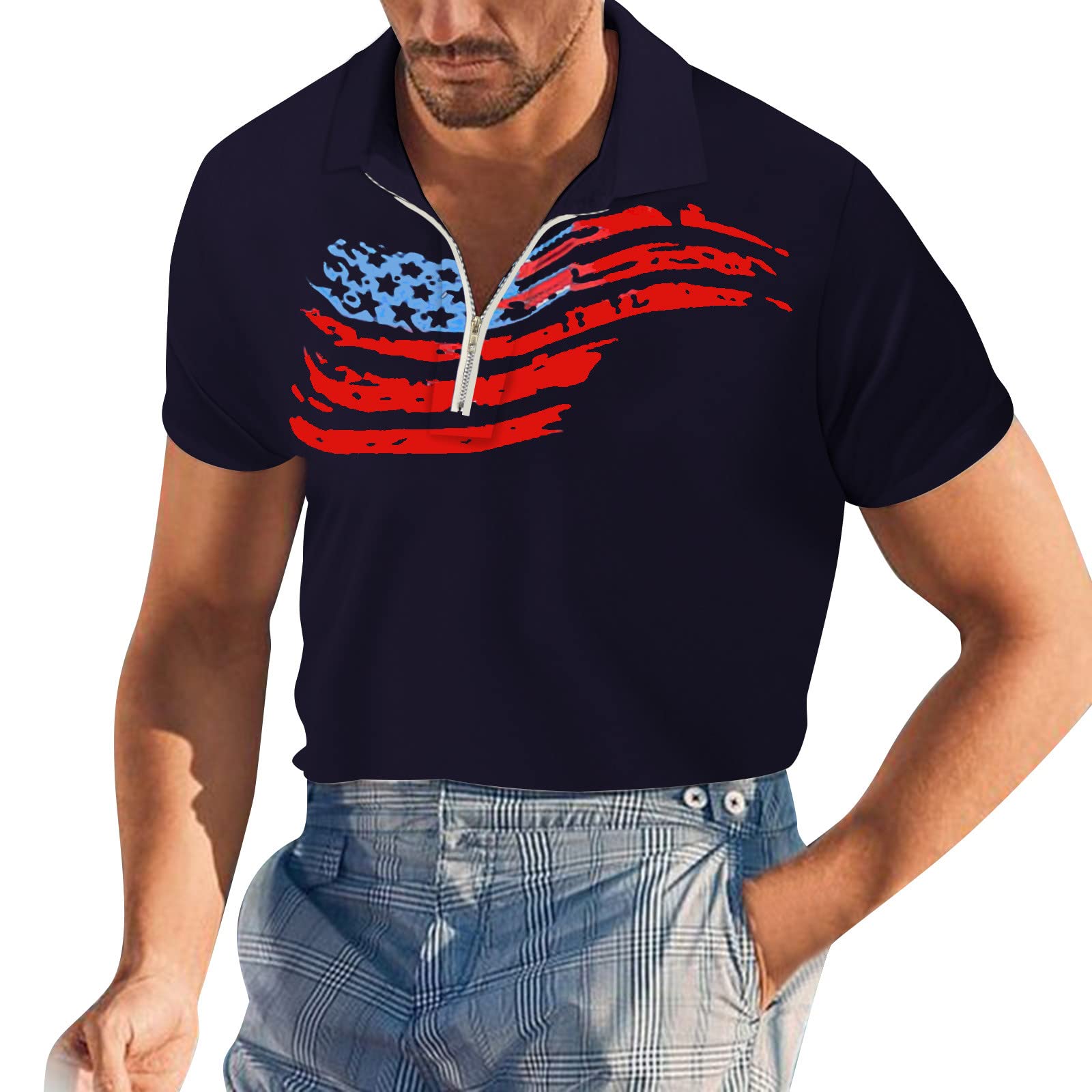 Men's Twilight Graphic Print Short Sleeve Shirt - Loose Fit Lapel Zipper T-Shirt for Spring & Summer - 3D Digital Printed Casual Top for Independence Day - Perfect for Outdoor Activities, Parties and Daily Wear