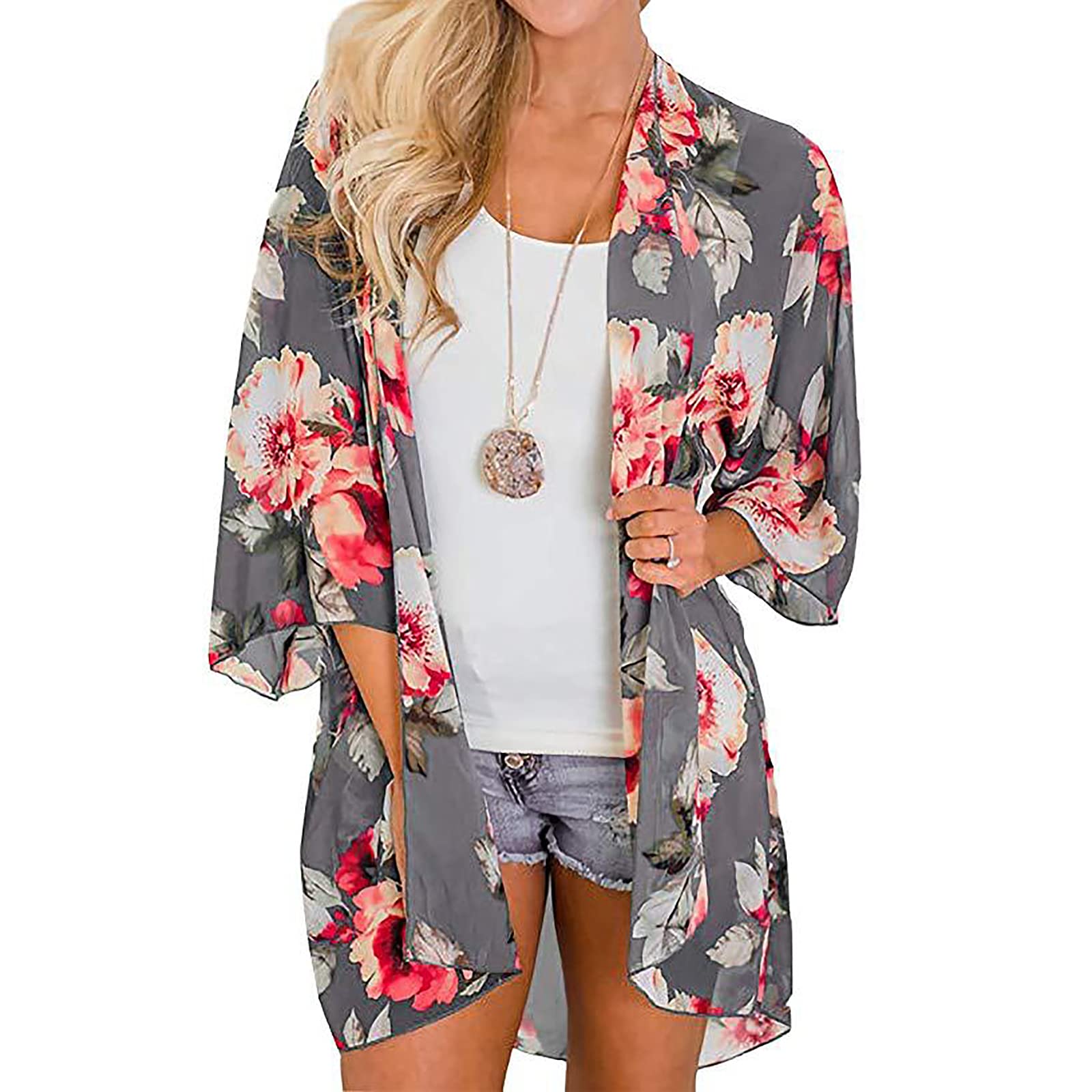 Women's Floral Kimono Cardigan - Lightweight Open Front Beach Cover Up Dress for Swimsuit & Bikini | Summer Beachwear, Pool Party, Vacation Outfit (Grey, Medium)