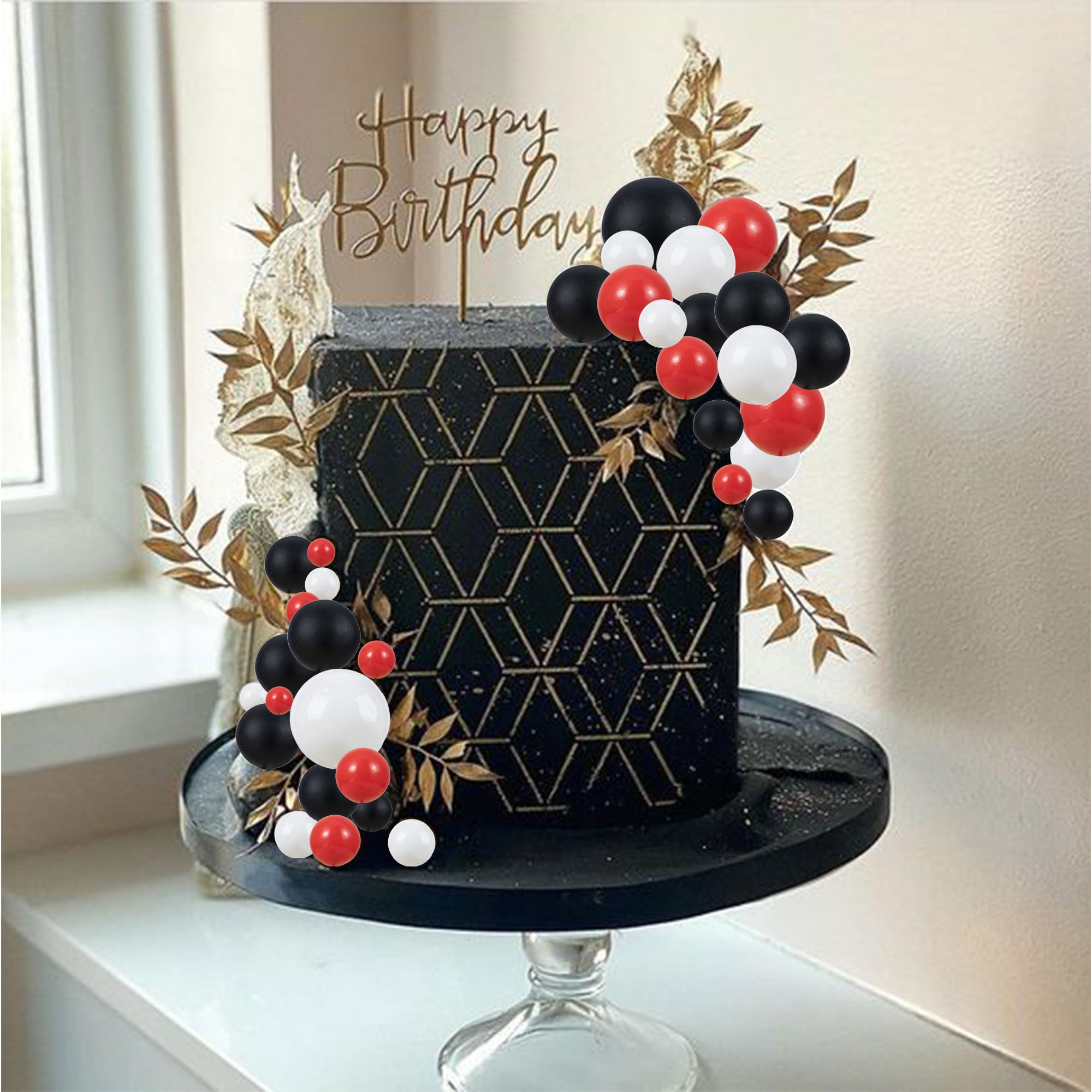 30Pcs Mini Balloon Cake Toppers - Foam Ball Cake Decorations with Sticks for Wedding, Birthday Party, Baby Shower - Red, Black, White Cake Picks for DIY Dessert Decorating