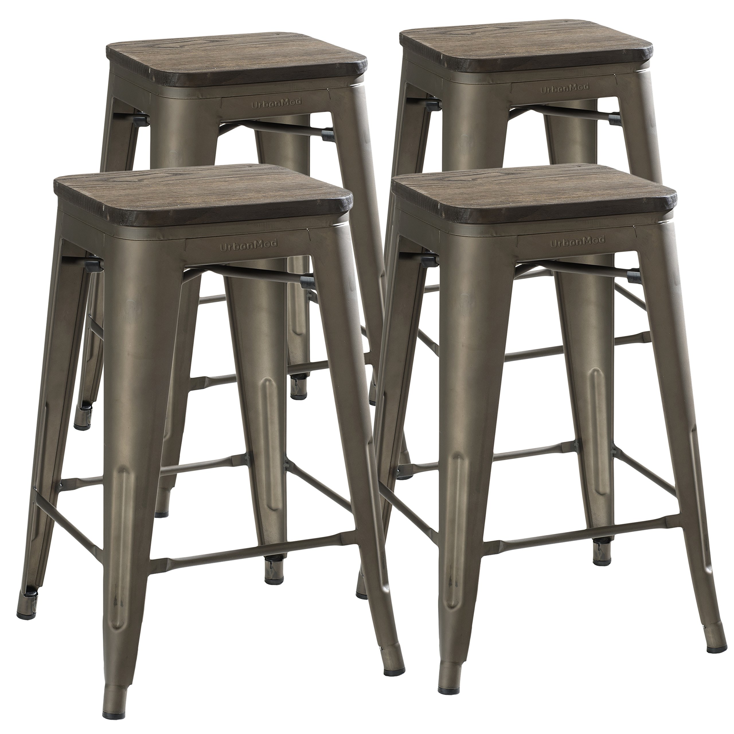 24 Inch Bar Stools for Kitchen Counter Height - Indoor/Outdoor Metal Barstools with Rustic Gunmetal Finish & Wooden Seat - Perfect for Kitchen Islands, Patios, and Home Bars