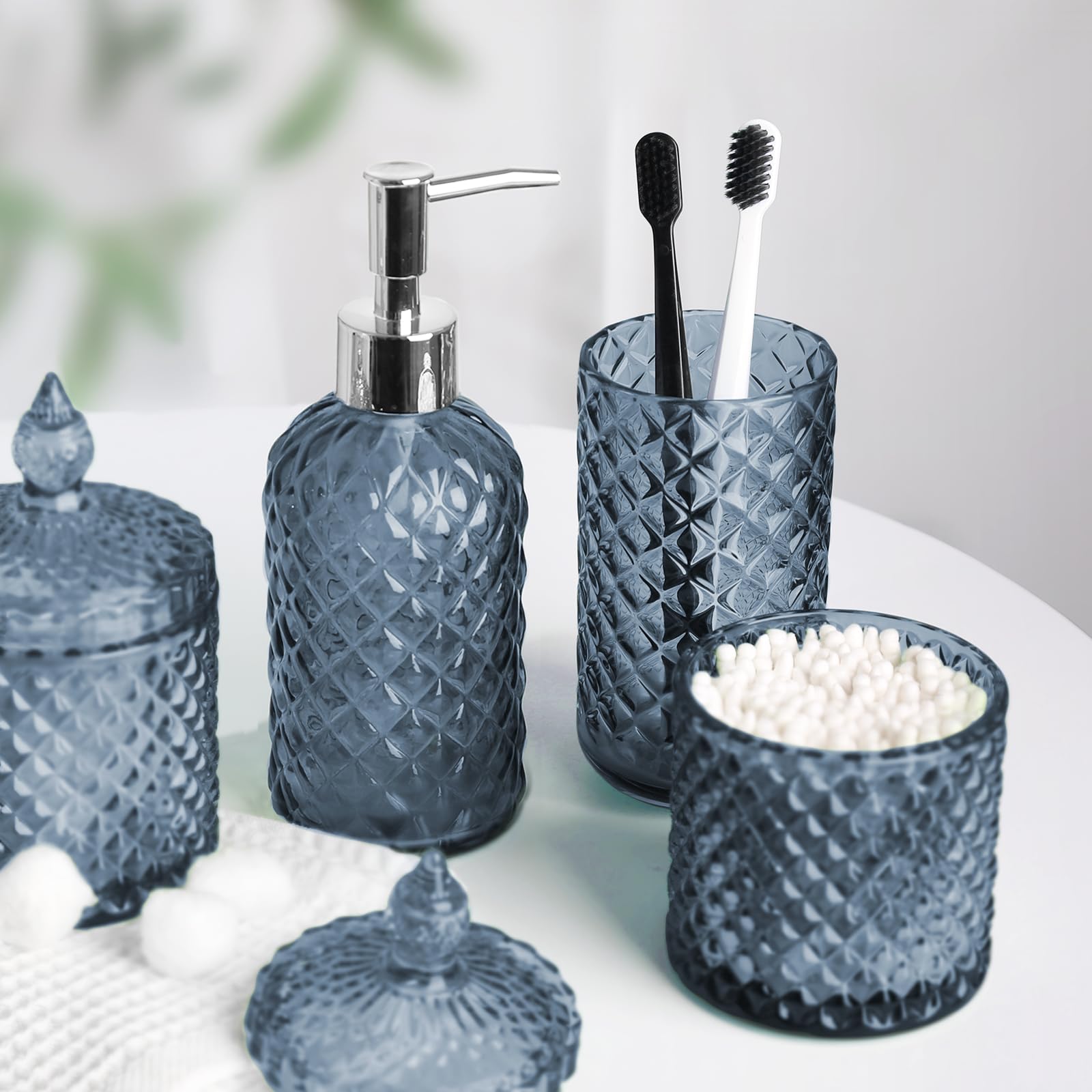 4-Piece Light Blue Bathroom Accessories Set - Diamond Glass Soap Dispenser & Toothbrush Holder | Modern Bathroom Counter Organizer Essentials for Home, Apartment & Guest Bath Decor