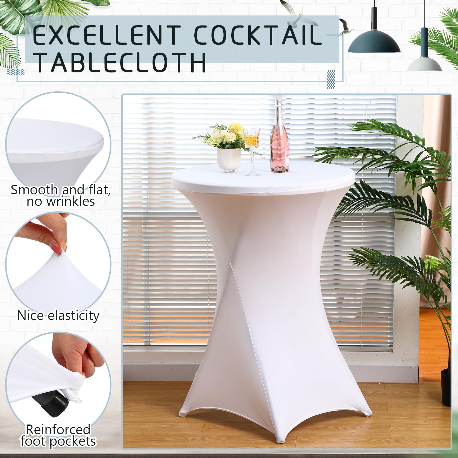 Wenqik 2-Pack 32'' High Top Cocktail Tables - White Round Bar Height Folding Tables with Removable Legs (32x43'') & Stretch Spandex Tablecloths - Perfect for Parties, Weddings, and Outdoor Events