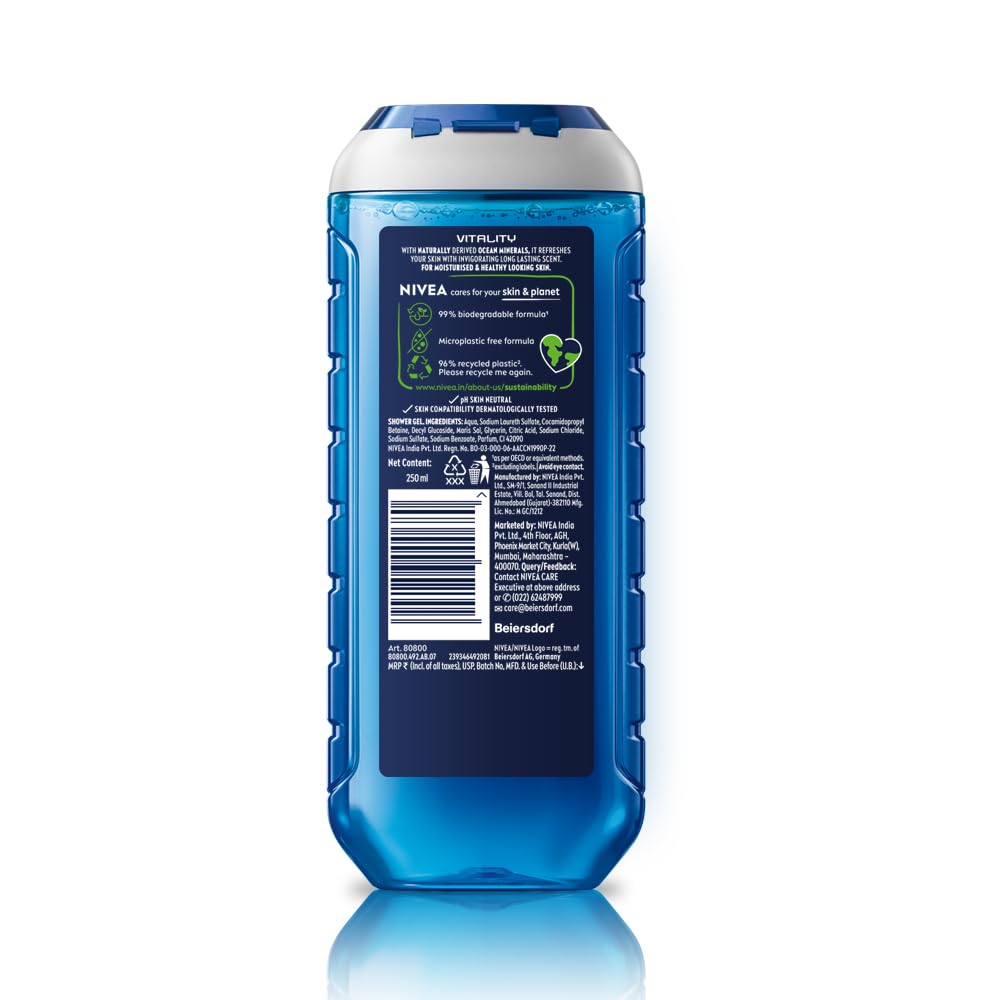 NIVEA MEN Vitality Fresh 250ml Body Wash & Shower Gel | Face, Body & Hair Cleanser with Ocean Minerals | Long-Lasting Freshness for Clean, Healthy & Moisturized Skin | Perfect for Gym, Travel & Daily Shower Routine