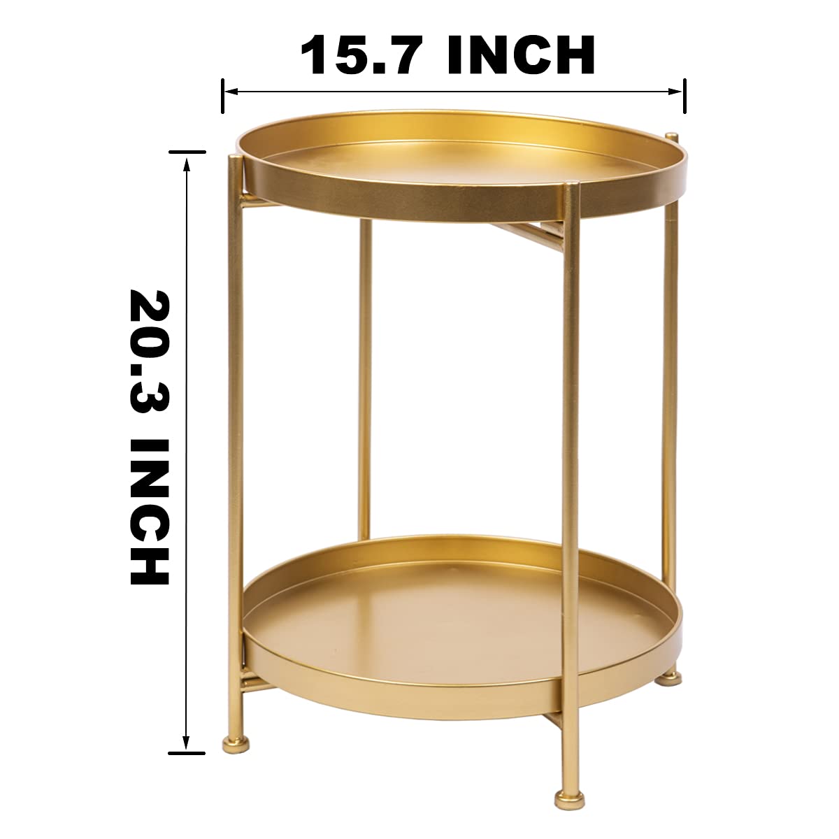 2-Tier Round Folding Side Table with Removable Tray - Gold Metal End Table for Living Room, Bedroom, Patio - Perfect for Coffee, Snacks, Books (15.7