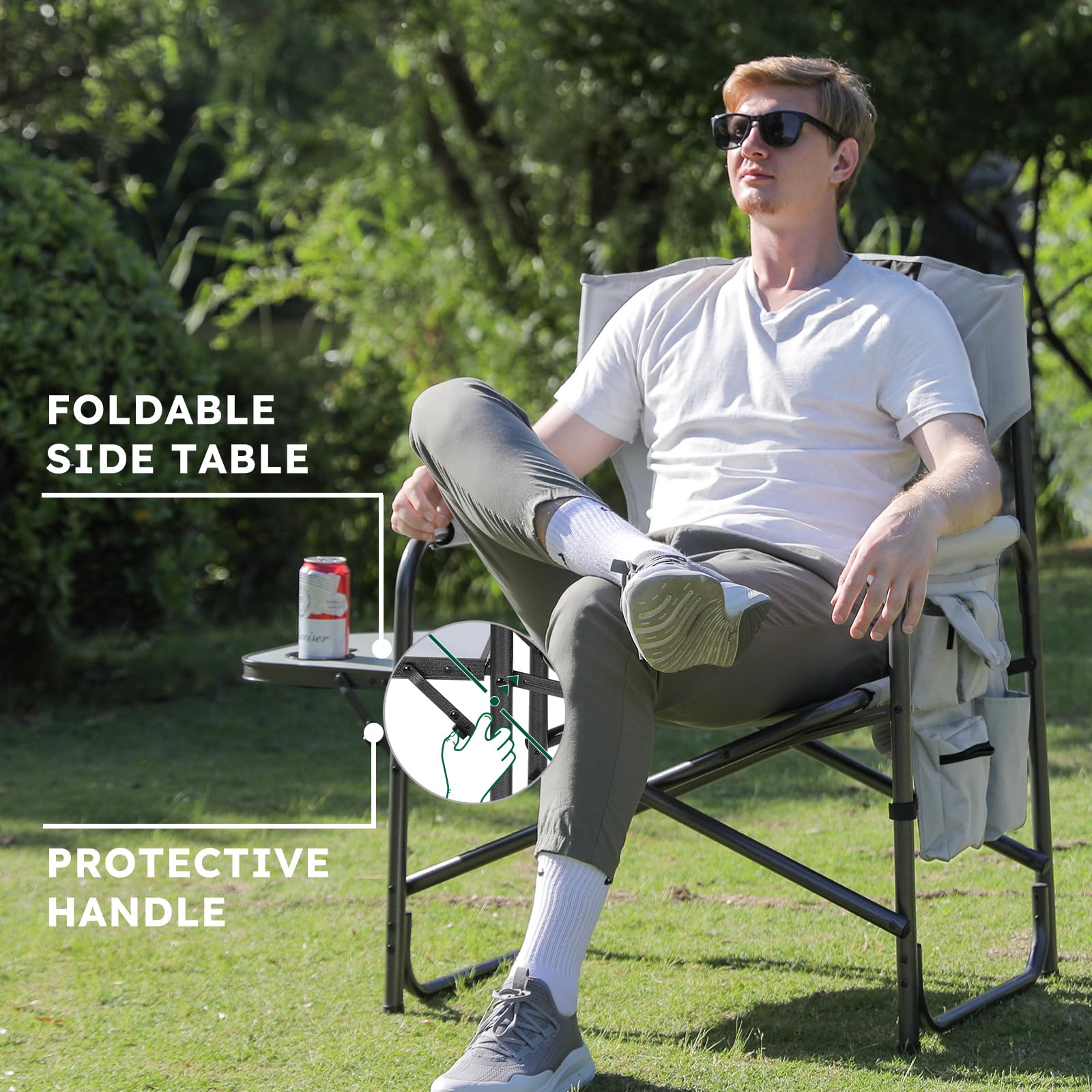 Heavy Duty Oversized Camping Chair with 600 LB Capacity - Folding Outdoor Chair with Detachable Side Pocket & Adjustable Side Table - Perfect for Beach, Lawn, Fishing, Tailgating & Backyard Relaxation (Black)