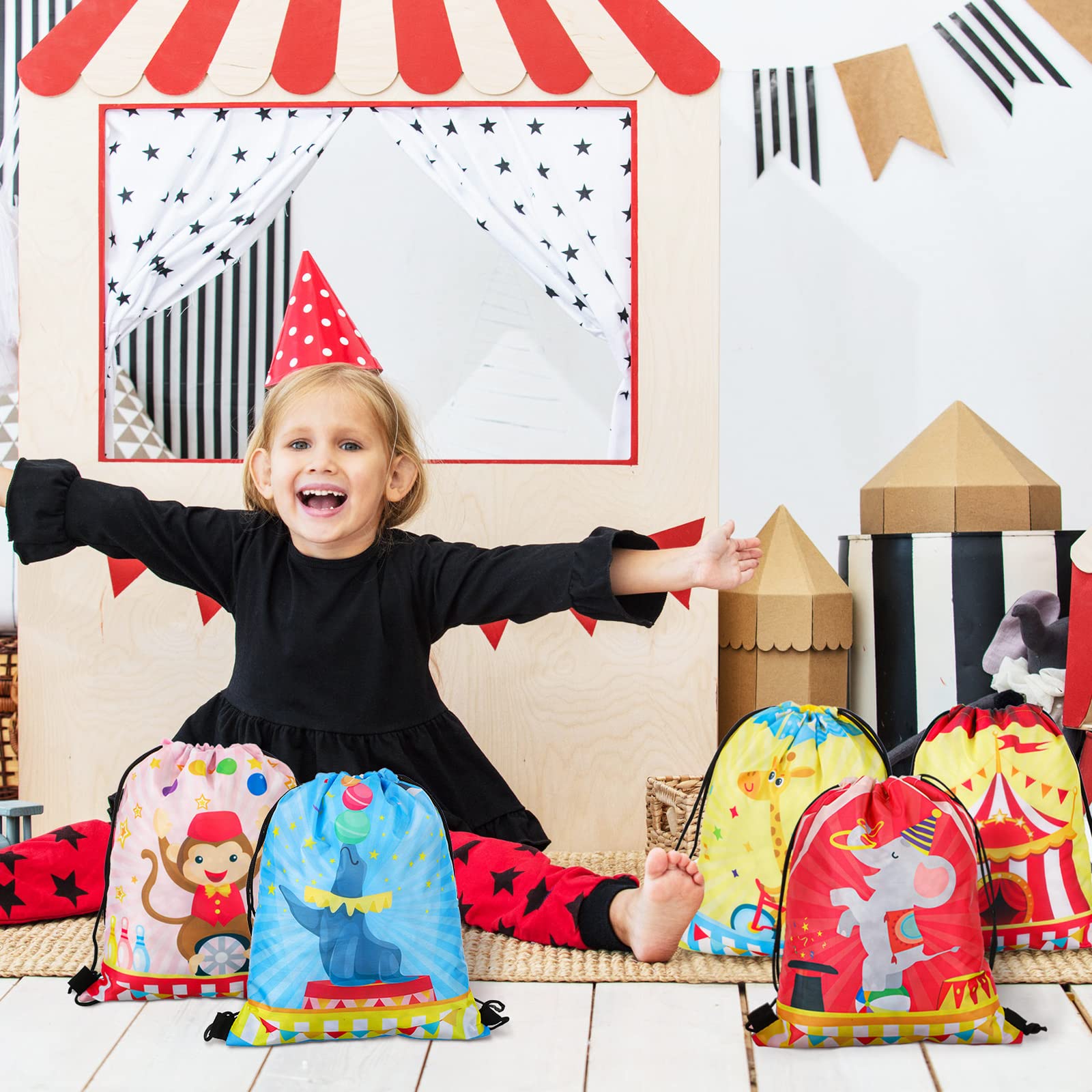 Jetec 16 Pack Circus Themed Gift Bags & Drawstring Backpacks - Colorful Party Favors for Birthday, Carnival & Themed Events - Perfect for Kids' Parties, School Events & Festival Giveaways