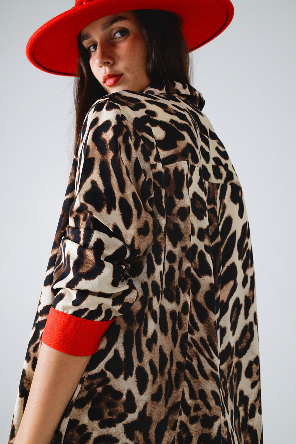 Leopard Print Shirt with Red Button Placket and Red Sleeves - Stylish Casual Wear for Women, Perfect for Office, Party & Date Nights