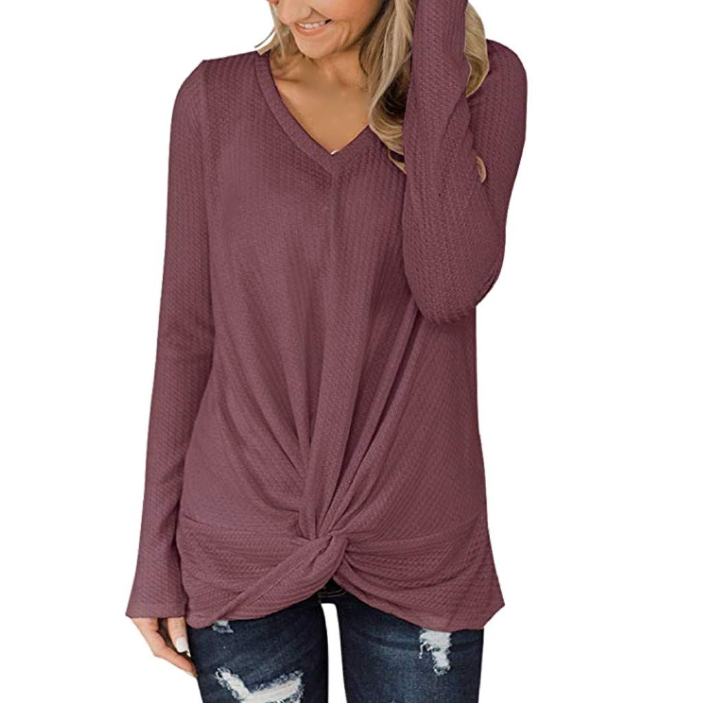 FORUU Women's Winter Long Sleeve V-Neck Knit Tunic Blouse - Trendy Casual Waffle Knit Top with Knot Detail for Work, Date Night & Holiday Outfits