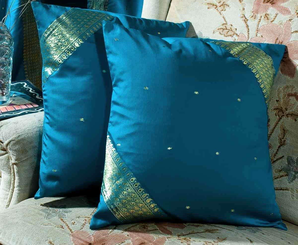 Handmade Turquoise Sari Cushion Covers Set of 2 - Boho Indian Throw Pillow Covers 26x26 Inch with Zipper | Elegant Home Decor for Living Room, Bedroom & Bohemian Style Spaces
