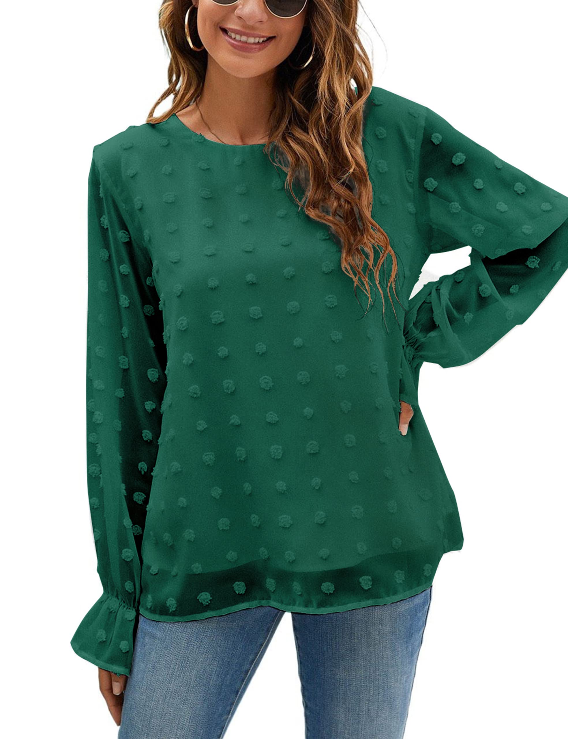 Blooming Jelly Women's Chiffon Blouse - Elegant Lantern Sleeve Round Neck Top with Pom Pom Detail | Perfect for Office Wear, Date Night & Spring Outfits