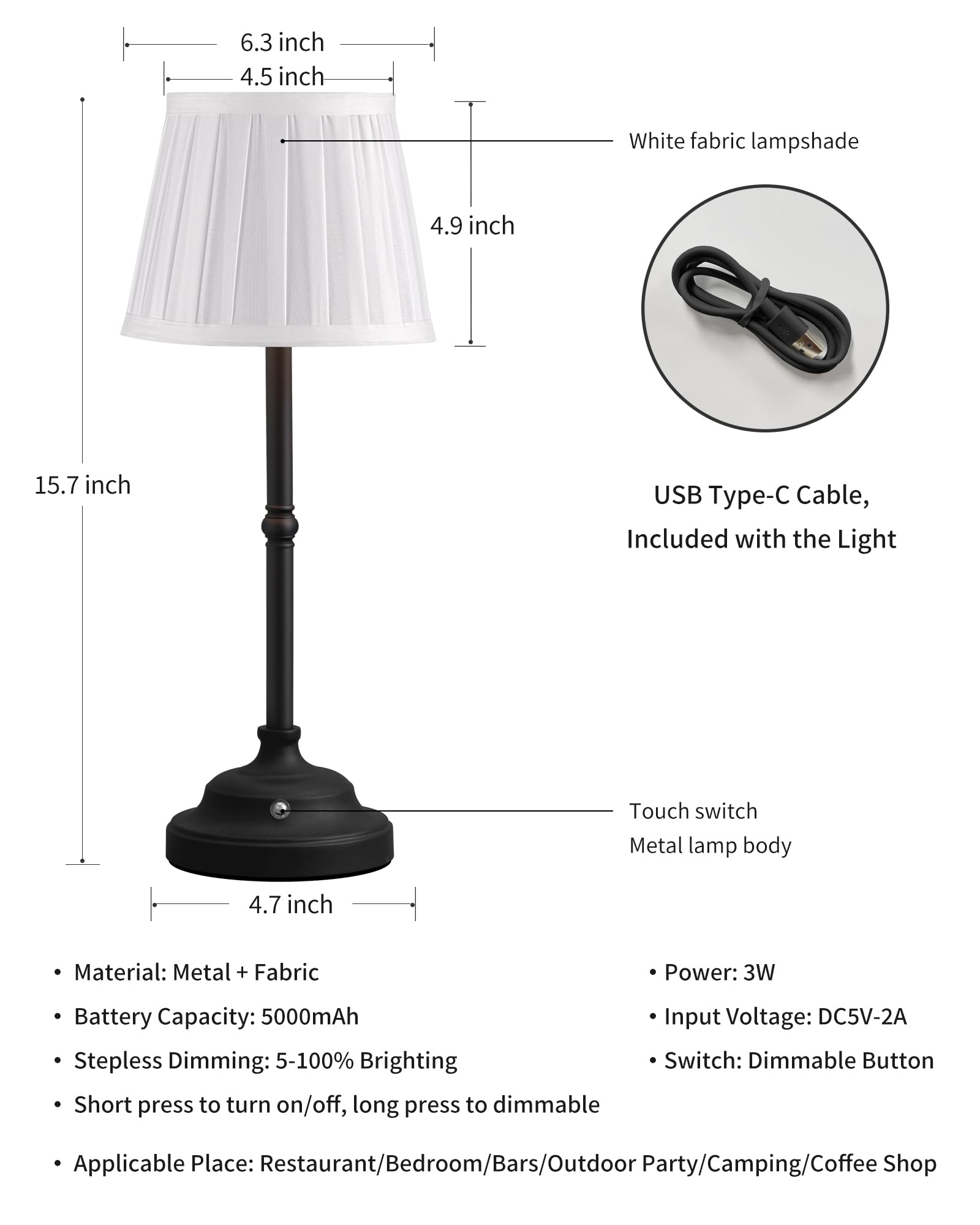 KDG Cordless Table Lamp with Fabric Shade - 5000mAh Rechargeable Battery, Dimmable LED Desk Light for Bedroom, Office, Study, Nightstand - Perfect for Reading, Working, Camping & Outdoor Use (Black)