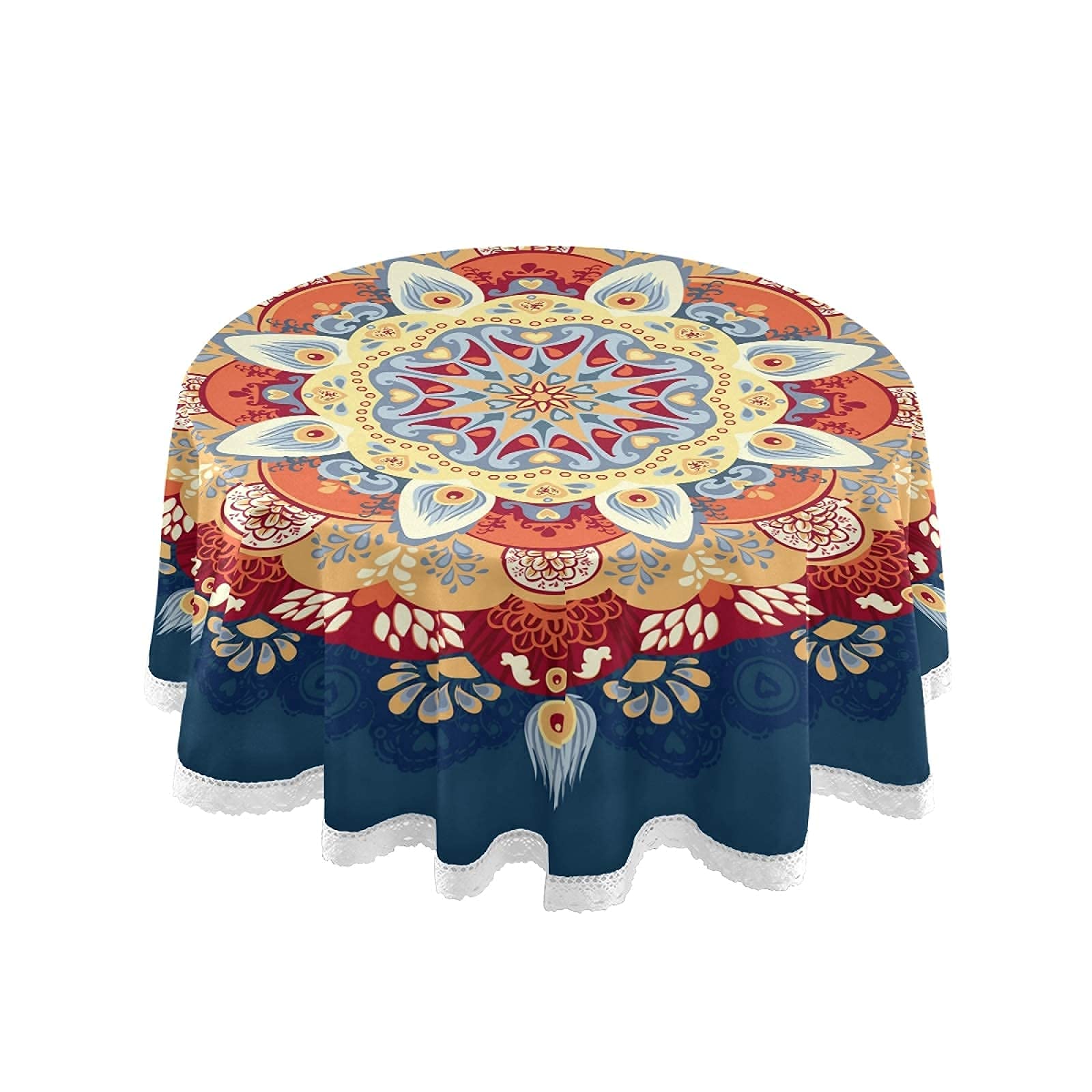ALAZA Blue Boho Mandala Round Tablecloth 60 Inch - Waterproof Oilcloth Picnic Table Cover with Floral Lace Trim for Dining, Kitchen, Outdoor, Party & Wedding Decor