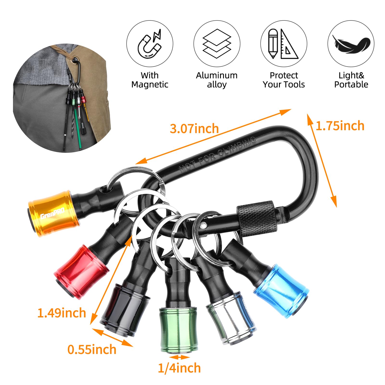 6-Piece Portable Bit Holder Keychain Set with 105° Right Angle Drill Adapter - 1/4