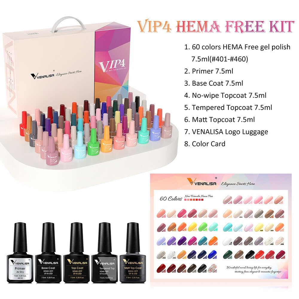 VENALISA VIP4 65-Piece Gel Nail Polish Kit with Color Book - Red, Pink, Orange, Green Soak Off UV Gel Polish Set for Salon & DIY Home Manicure | Perfect for Nail Art, Parties, Weddings & Gift Giving