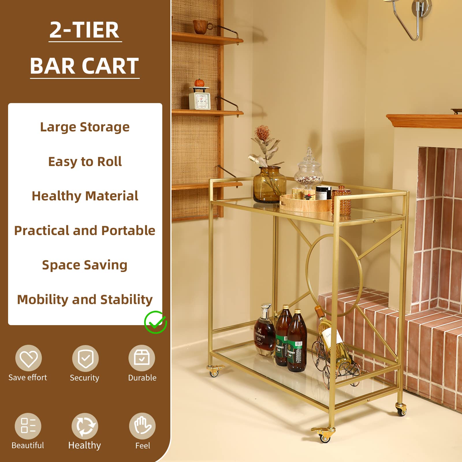 Palama Gold Bar Cart for Home - Easy Assembly with Only 4 Screws, 2-Tier Rolling Snack Cart with Tempered Glass Shelves & Lockable Wheels | Perfect for Living Room, Kitchen, or Party Serving