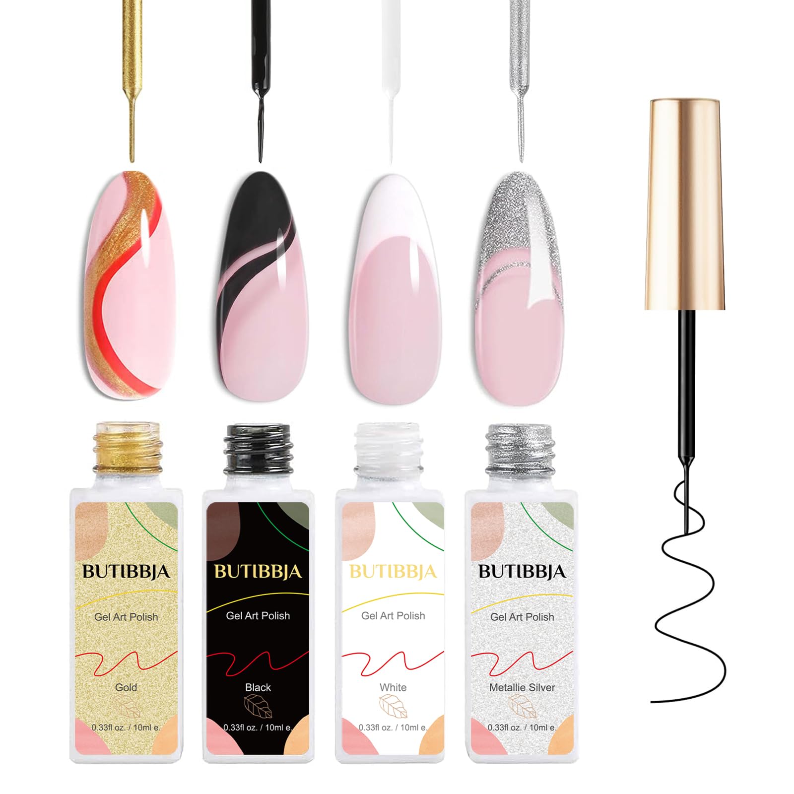 4 Pcs Gel Nail Polish Set - Black, White, Gold & Silver Glitter Colors with Thin Nail Art Brush | Soak Off LED Lamp Compatible | 0.33 fl.oz Each | Perfect for Salon, Home Manicures & Nail Art Designs