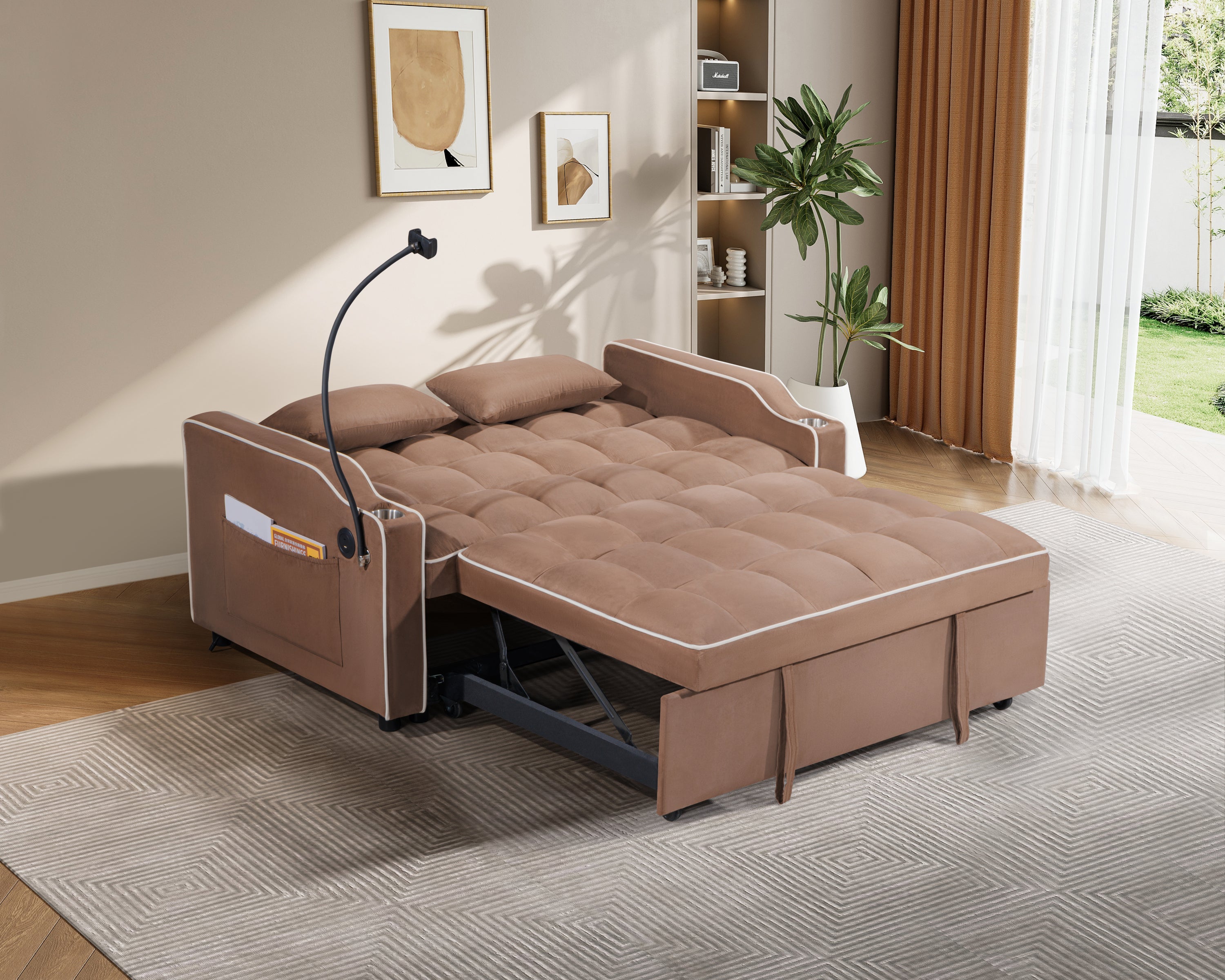 Versatile 3-Size Foldable Sofa Bed - Modern Suede Pull-Out Sleeper with Adjustable Backrest, USB Charging Port, Ashtray & Swivel Phone Stand | Perfect for Small Apartments, Guest Rooms & Home Offices
