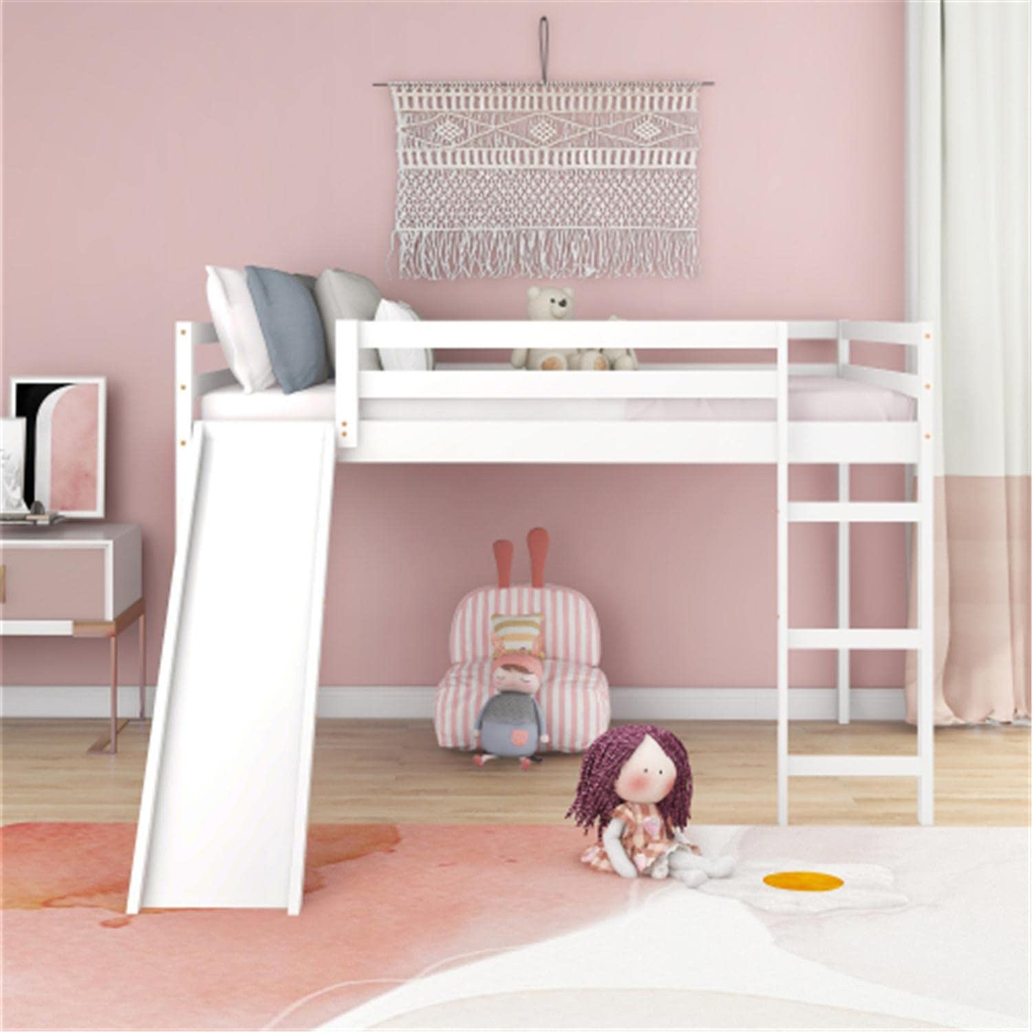 Full Size Wood Loft Bed with Slide & Ladder - Sturdy Twin XL Bunk Bed with Full-Length Safety Guardrail & Spacious Underbed Storage - Perfect Kids Bedroom Furniture for Boys & Girls - Ideal for Small Spaces, Dorm Rooms & Play Areas