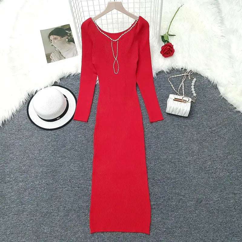 2024 French Square Neck Long Sleeve Knit Dress for Women - Elegant Solid Diamond Office Dress for Autumn Winter | Perfect for Work, Parties & Formal Occasions