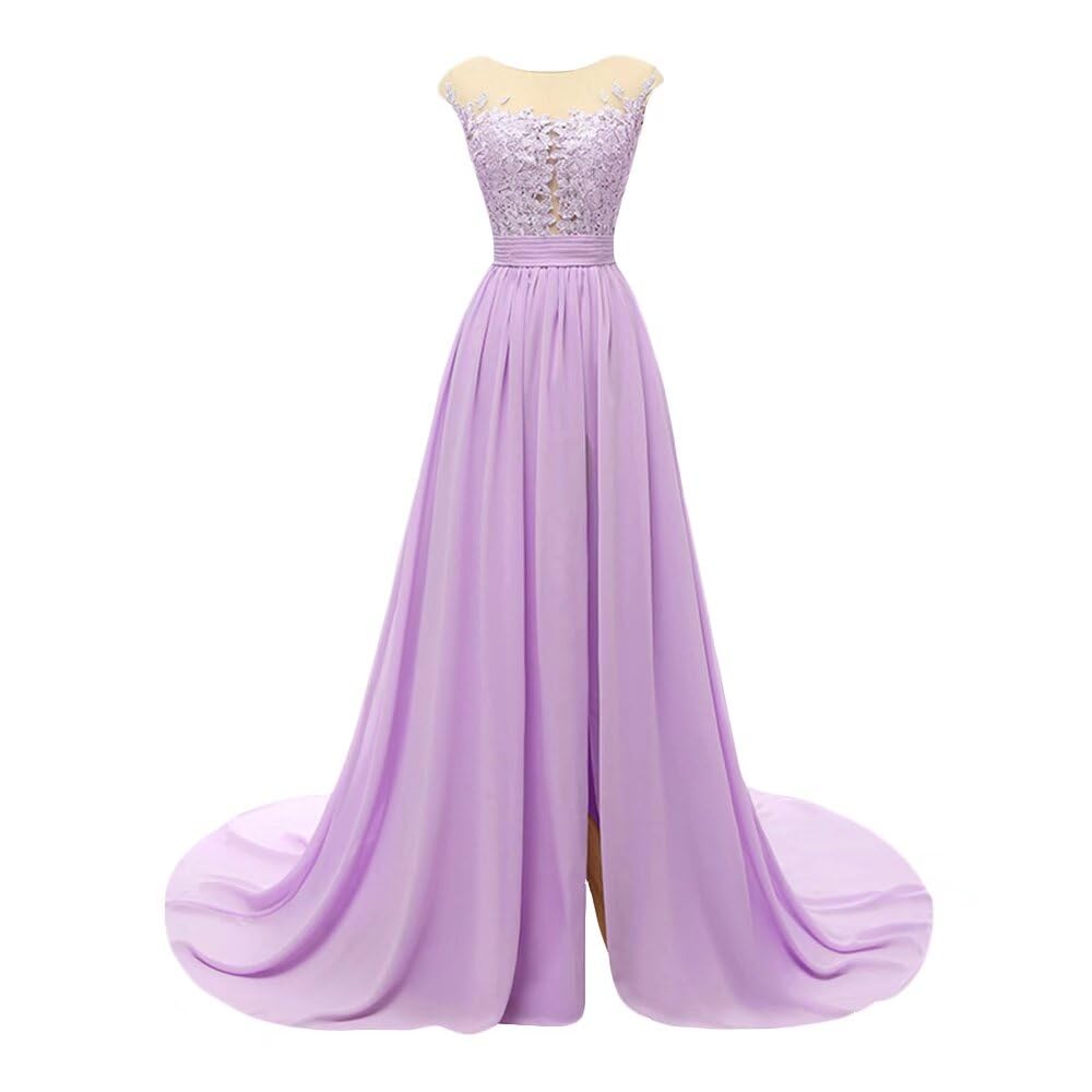 Elegant Women's Lace Sheer Wedding Bridesmaid Dress - Chiffon Long High Slit Formal Evening Gown for Weddings, Proms & Special Occasions