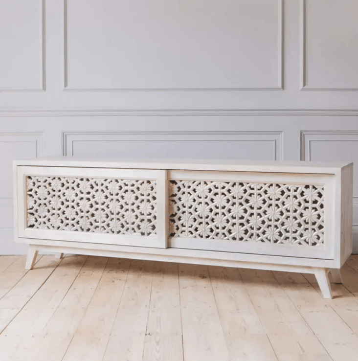 Hand Carved Solid Wood TV Stand Console - White Media Entertainment Unit for Living Room & Home Theater