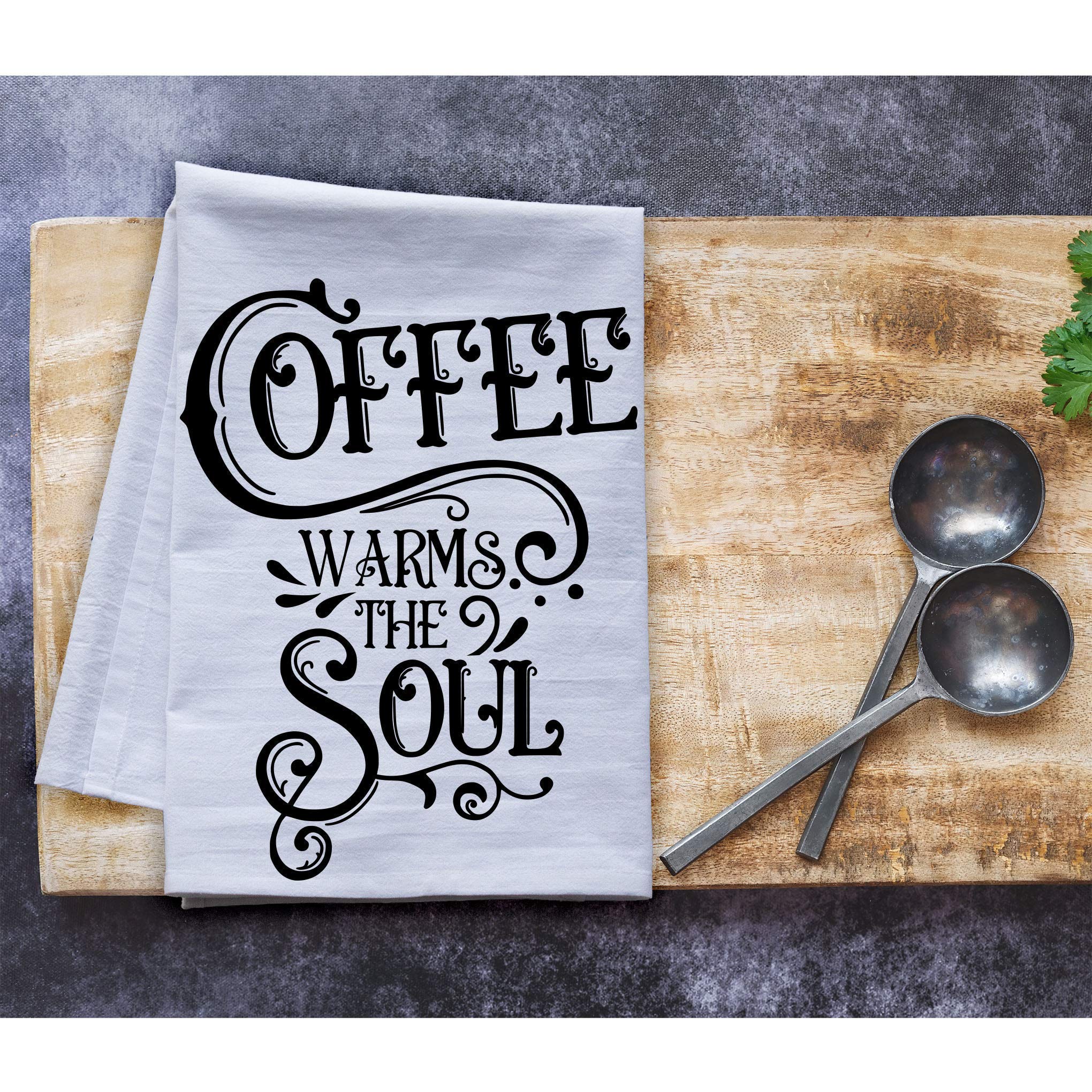 Coffee Warms the Soul - Extra Large Premium Kitchen Towel - Coffee Themed Dish Towel & Tea Towel - Made in USA - Perfect for Coffee Lovers & Kitchen Decor