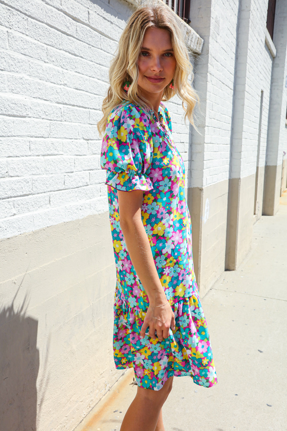 Elegant Blue Smocked Notch Neck Babydoll Floral Print Dress - Perfect for Summer Parties, Weddings & Date Nights