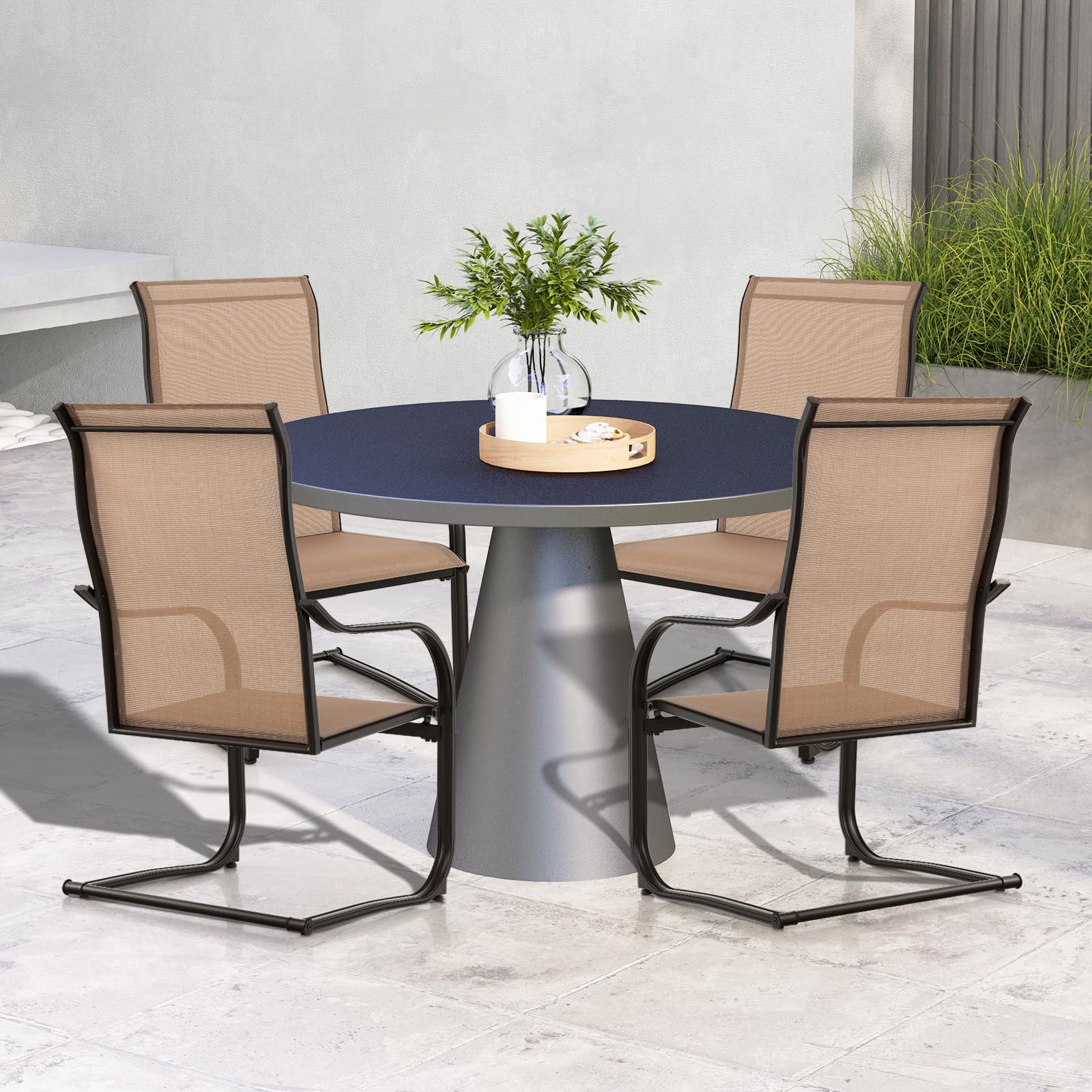 Tangkula 2-Piece Outdoor Dining Chairs Set - Patio C-Spring Motion Chairs with Breathable Fabric & Heavy-Duty Metal Frame - Comfortable High Back Chairs for Backyard, Porch, Poolside, Garden (Brown) - Perfect for Relaxing, Entertaining & Outdoor Dining