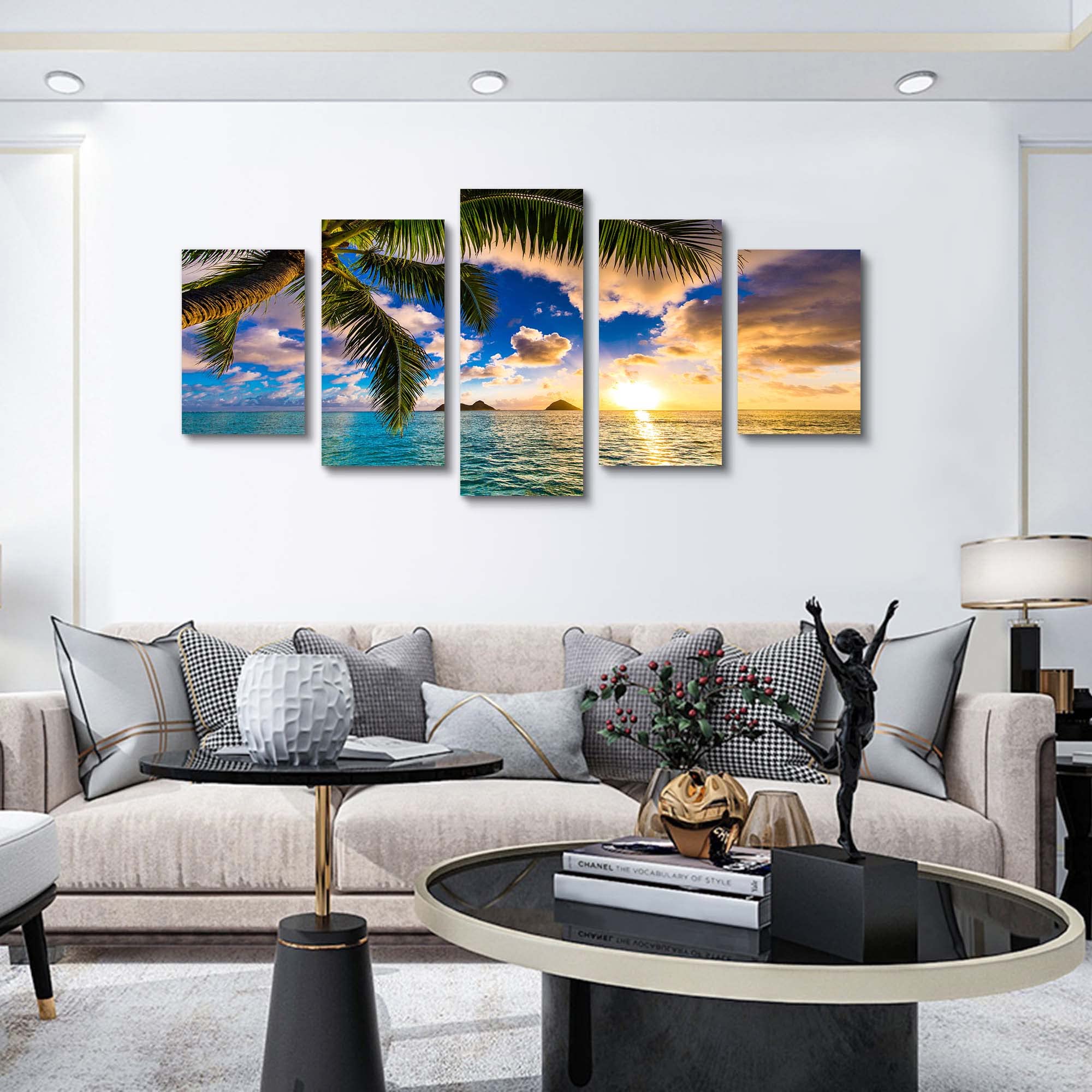 EPHANY Modern 5-Piece Framed Giclee Canvas Wall Art - Blue Beach Landscape Painting Set for Living Room, Bedroom & Office Decor | Ready-to-Hang Home Decoration