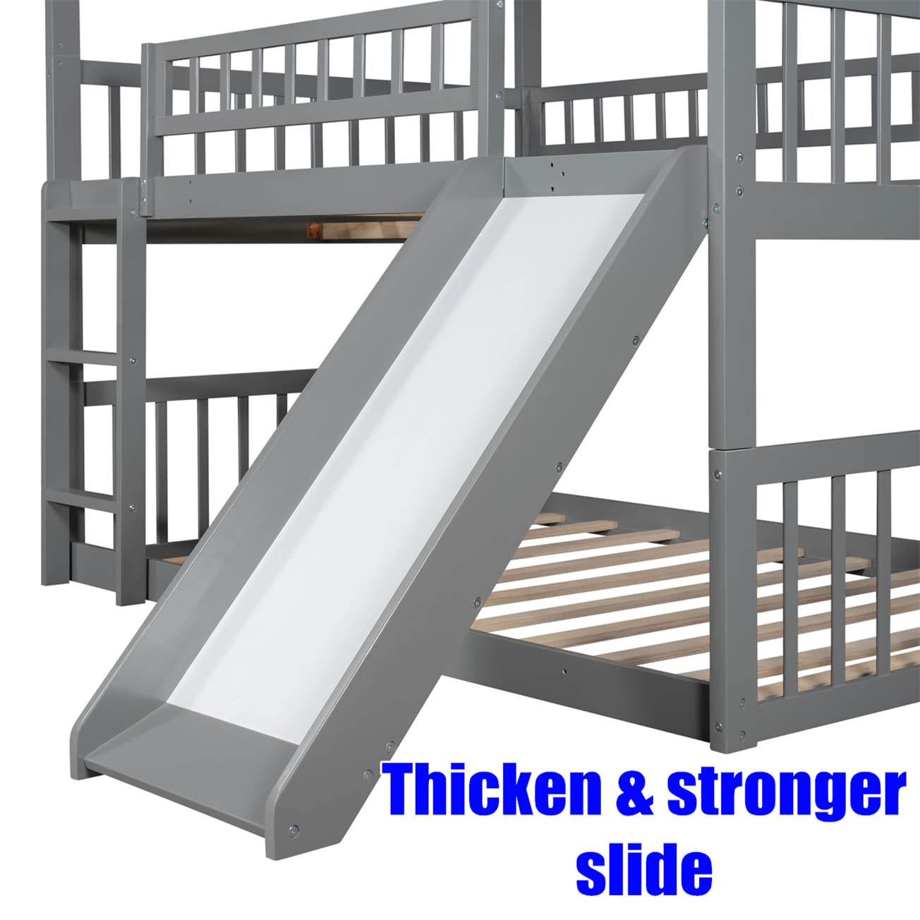 Sturdy Triple Bunk Bed with Slide for Kids - Gray Solid Wood | Space-Saving for Small Rooms