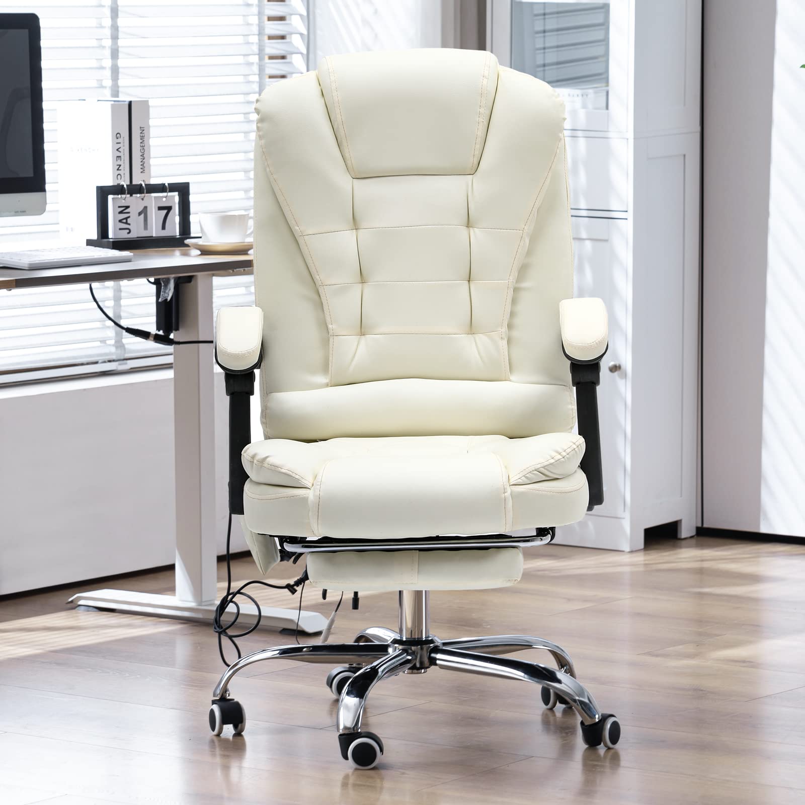 Ergonomic Reclining Office Chair with Massage & Heat - PU Leather Executive Computer Chair with Adjustable Footrest, Padded Armrest & High Back Support - Perfect for Home Office, Gaming & Study (White)