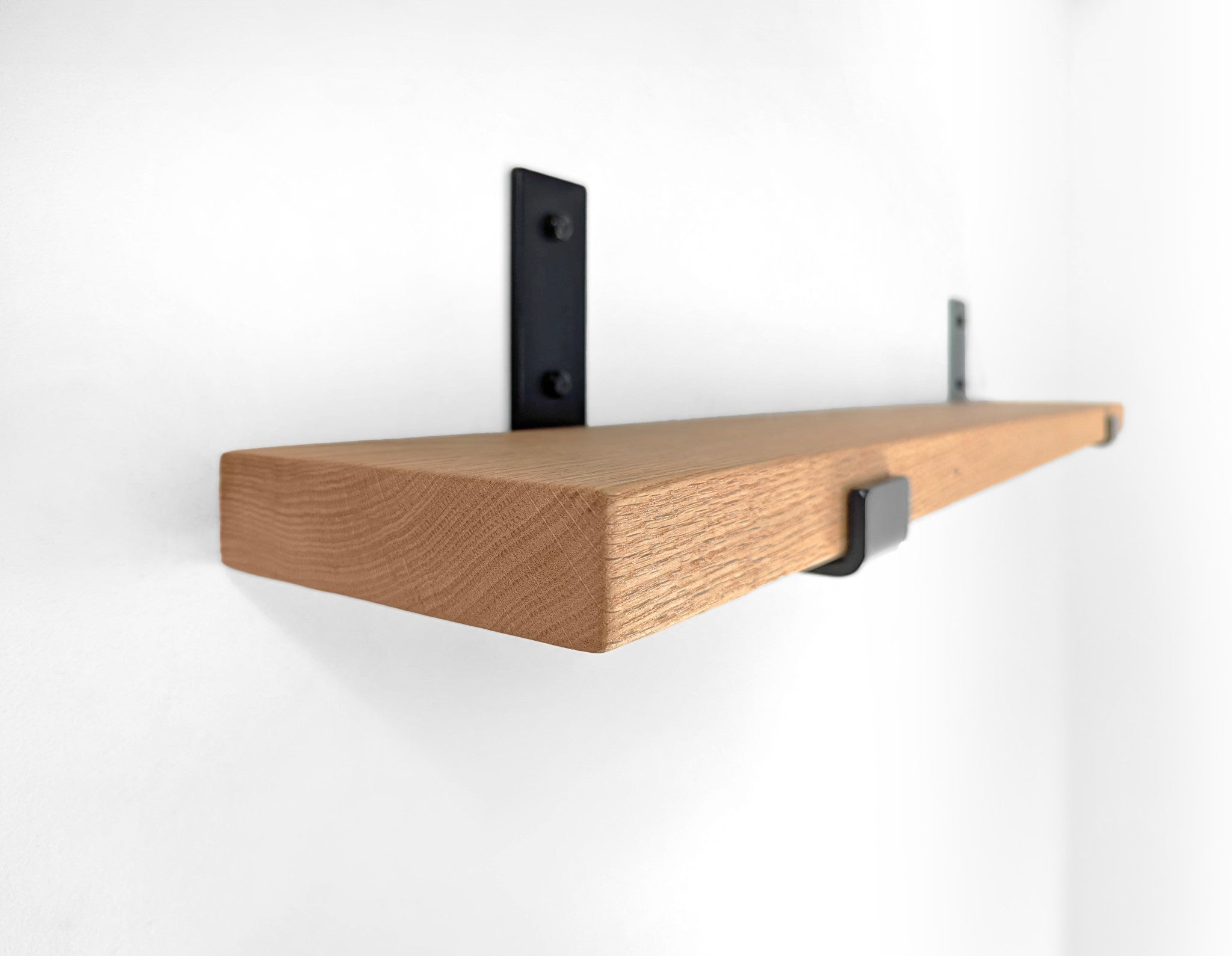 Sturdy Oak Wood Shelf with Black Steel J Brackets - Heavy Duty Floating Shelves for Living Room, Kitchen, or Office Storage