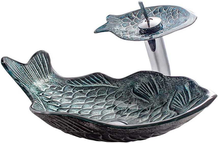 Handmade Carp-Shaped Tempered Glass Vessel Sink with Waterfall Faucet & Pop-Up Drain - Modern Bathroom Vanity Basin for Spa, Luxury Home, and Hotel Decor